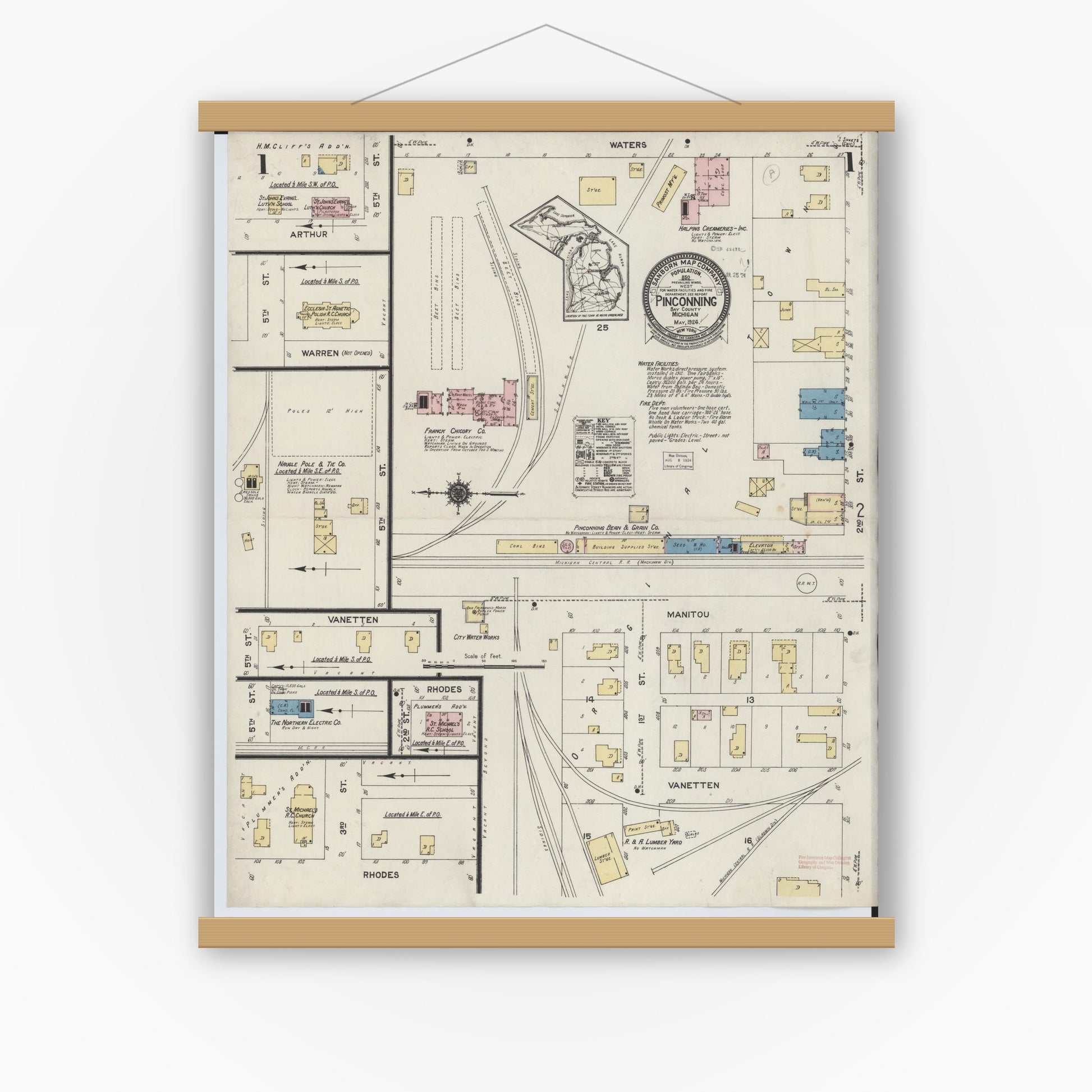 Old map wall art mockup — magnetic wood frame on white wall — Sanborn Fire Insurance Map from Pinconning, Bay County, Michigan (1924), Sheet #0001