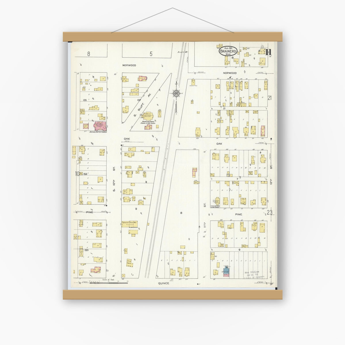 Old map wall art mockup — magnetic wood frame on white wall — Sanborn Fire Insurance Map from Brainerd, Crow Wing County, Minnesota (1913), Sheet #0011