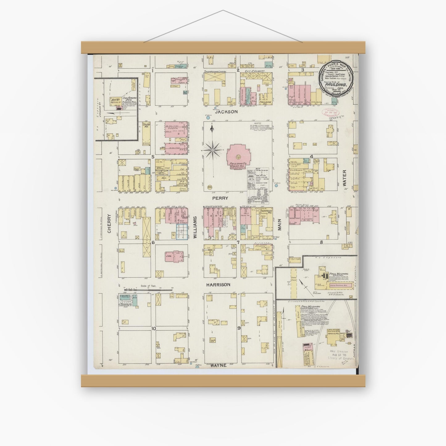 Old map wall art mockup — magnetic wood frame on white wall — Sanborn Fire Insurance Map from Paulding, Paulding County, Ohio (1892), Sheet #0001