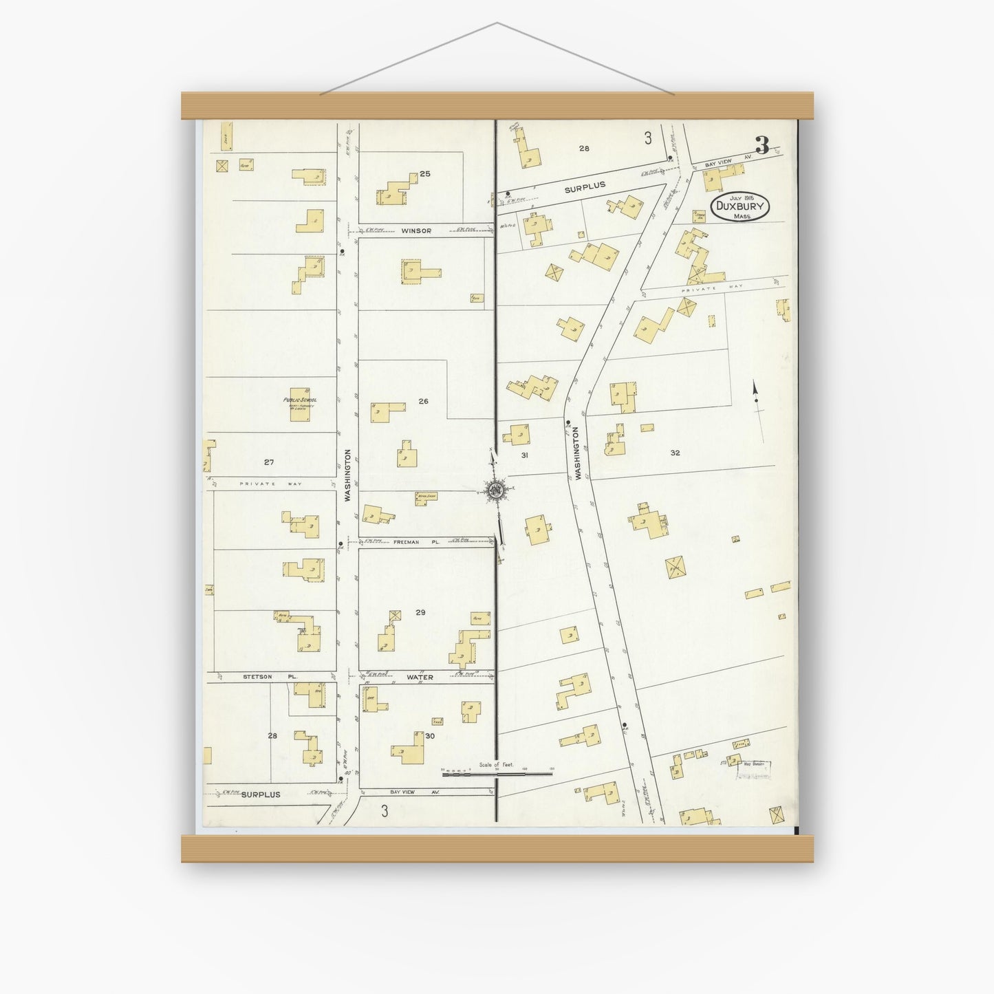 Old map wall art mockup — magnetic wood frame on white wall — Sanborn Fire Insurance Map from Duxbury, Plymouth County, Massachusetts (1915), Sheet #0003