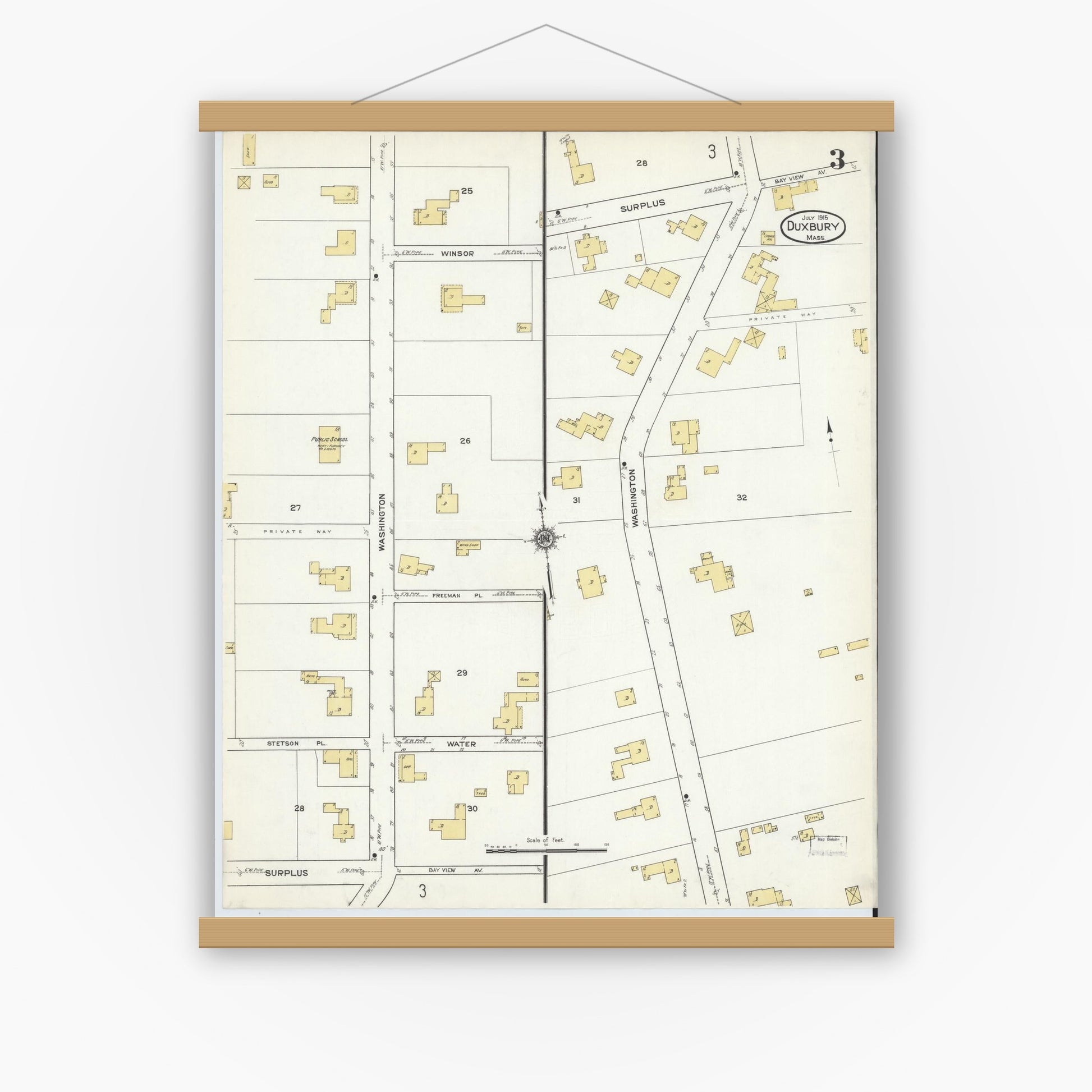 Old map wall art mockup — magnetic wood frame on white wall — Sanborn Fire Insurance Map from Duxbury, Plymouth County, Massachusetts (1915), Sheet #0003