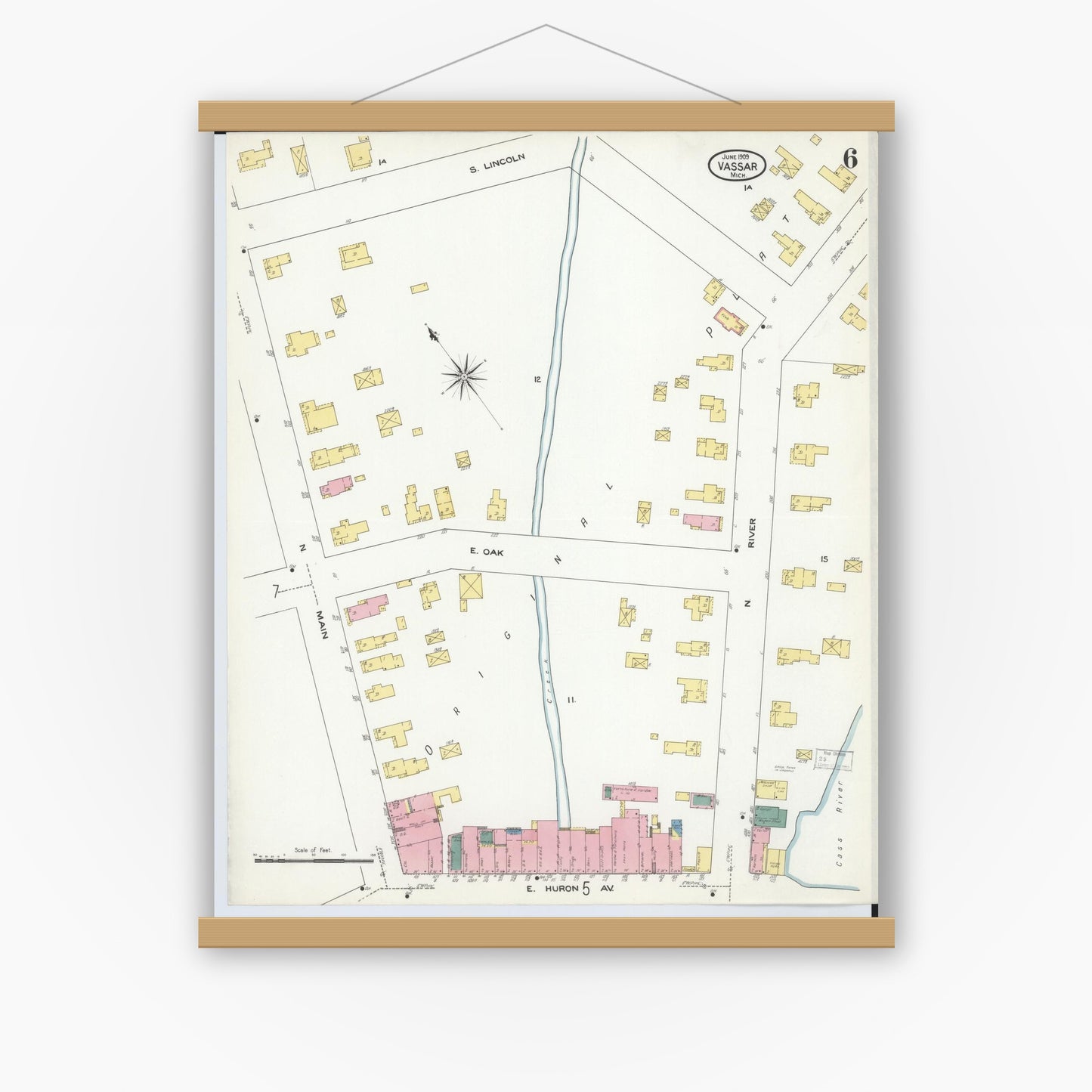Old map wall art mockup — magnetic wood frame on white wall — Sanborn Fire Insurance Map from Vassar, Tuscola County, Michigan (1909), Sheet #0006