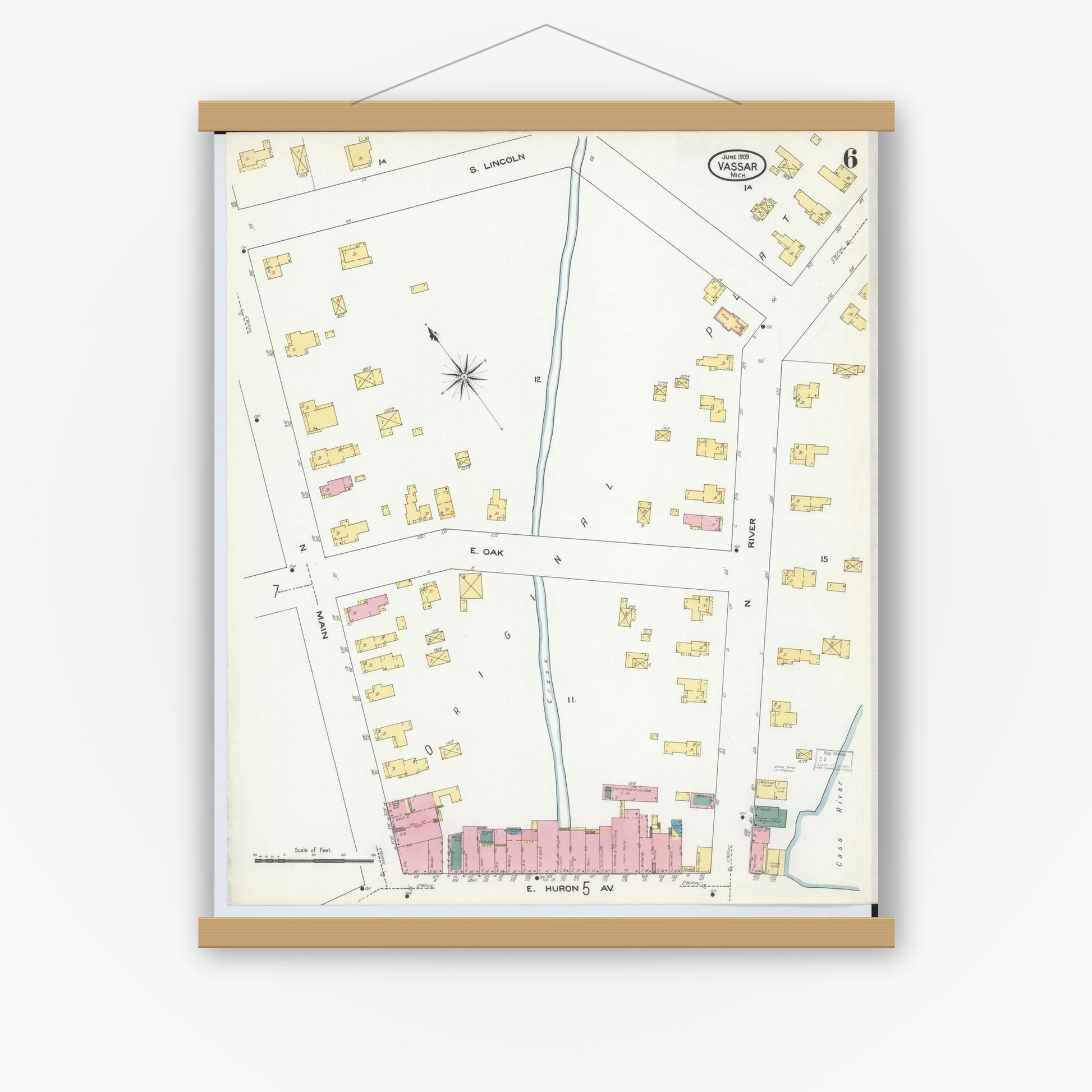 Old map wall art mockup — magnetic wood frame on white wall — Sanborn Fire Insurance Map from Vassar, Tuscola County, Michigan (1909), Sheet #0006