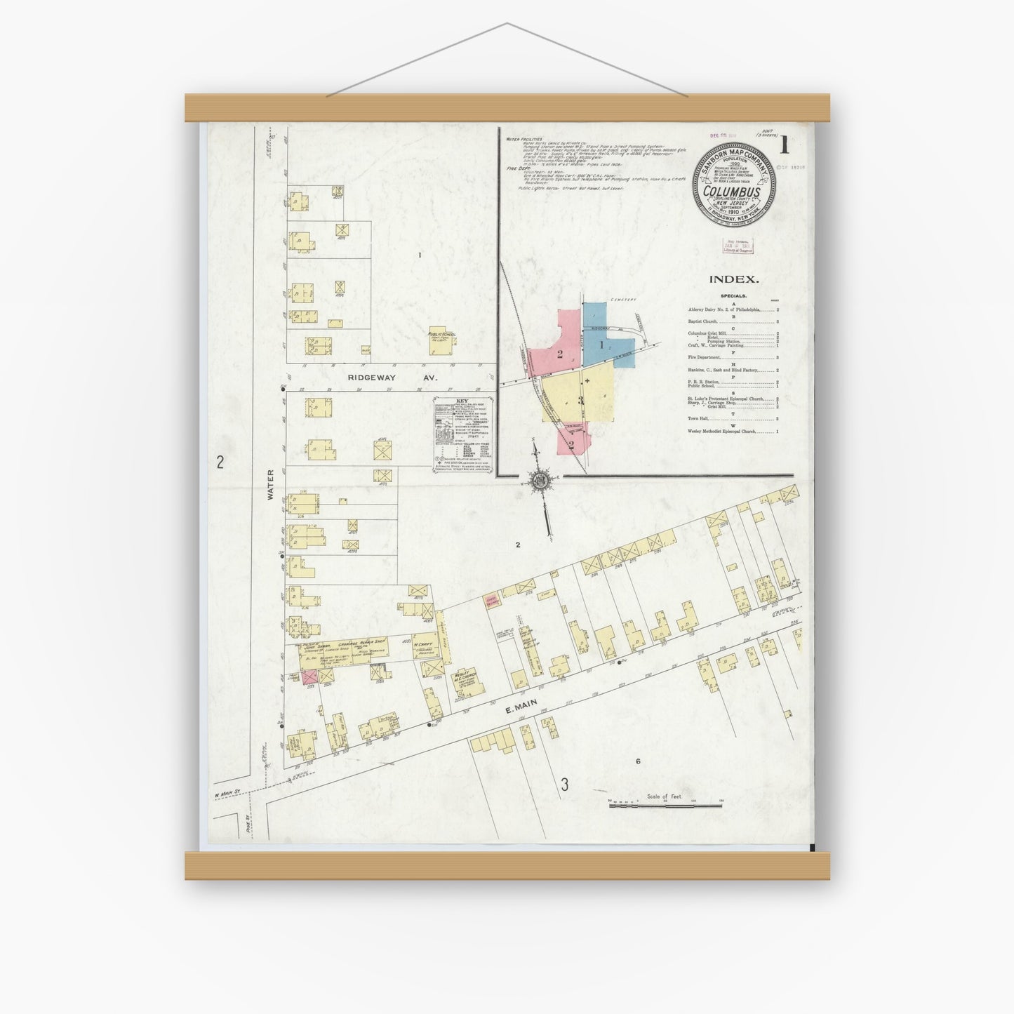 Old map wall art mockup — magnetic wood frame on white wall — Sanborn Fire Insurance Map from Columbus, Burlington County, New Jersey (1910) - Complete Map Set