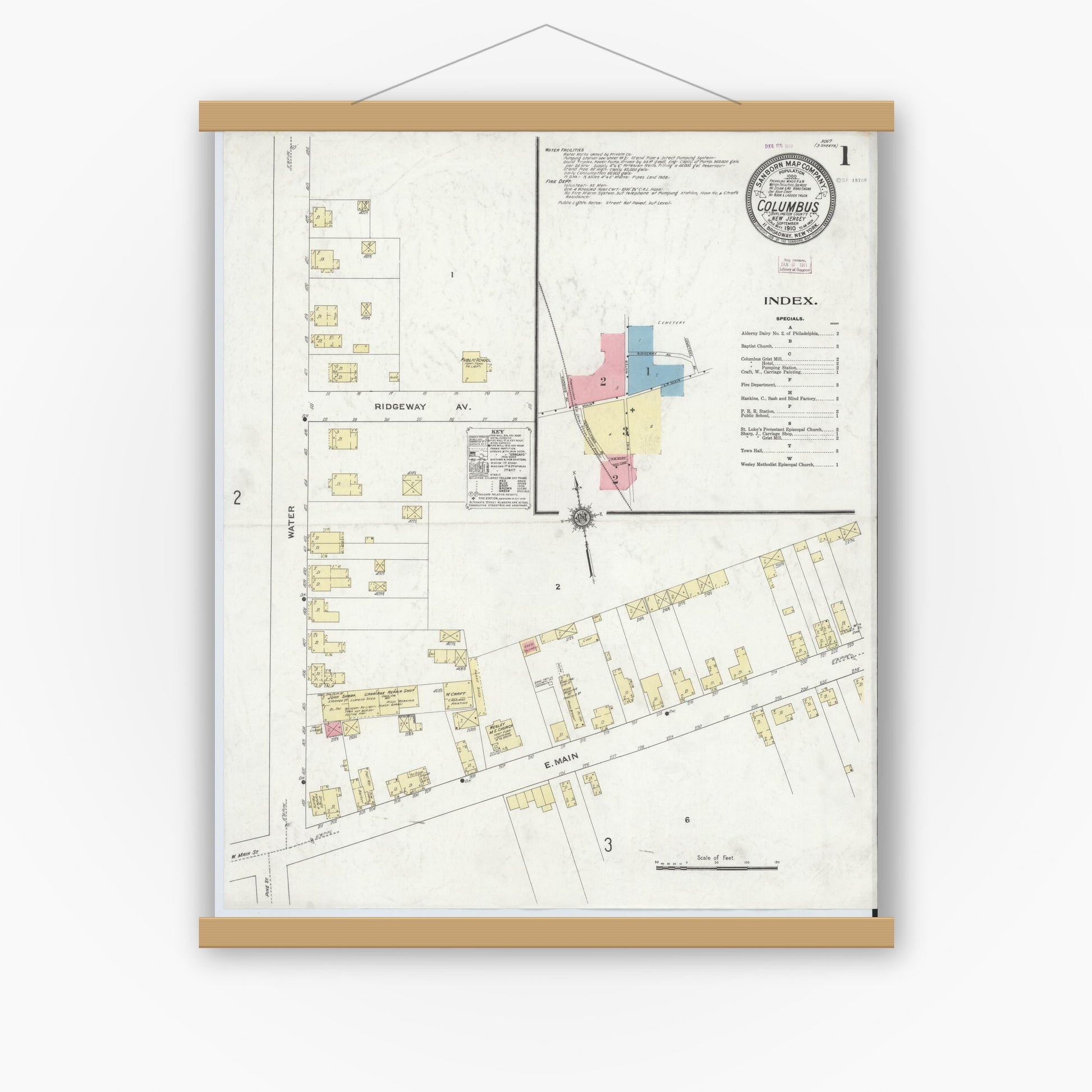 Old map wall art mockup — magnetic wood frame on white wall — Sanborn Fire Insurance Map from Columbus, Burlington County, New Jersey (1910) - Complete Map Set