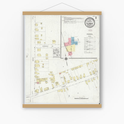 Old map wall art mockup — magnetic wood frame on white wall — Sanborn Fire Insurance Map from Columbus, Burlington County, New Jersey (1910) - Complete Map Set