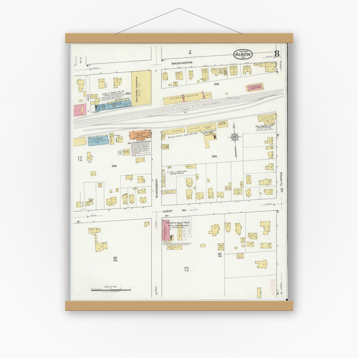 Old map wall art mockup — magnetic wood frame on white wall — Sanborn Fire Insurance Map from Albion, Orleans County, New York (1917), Sheet #0008