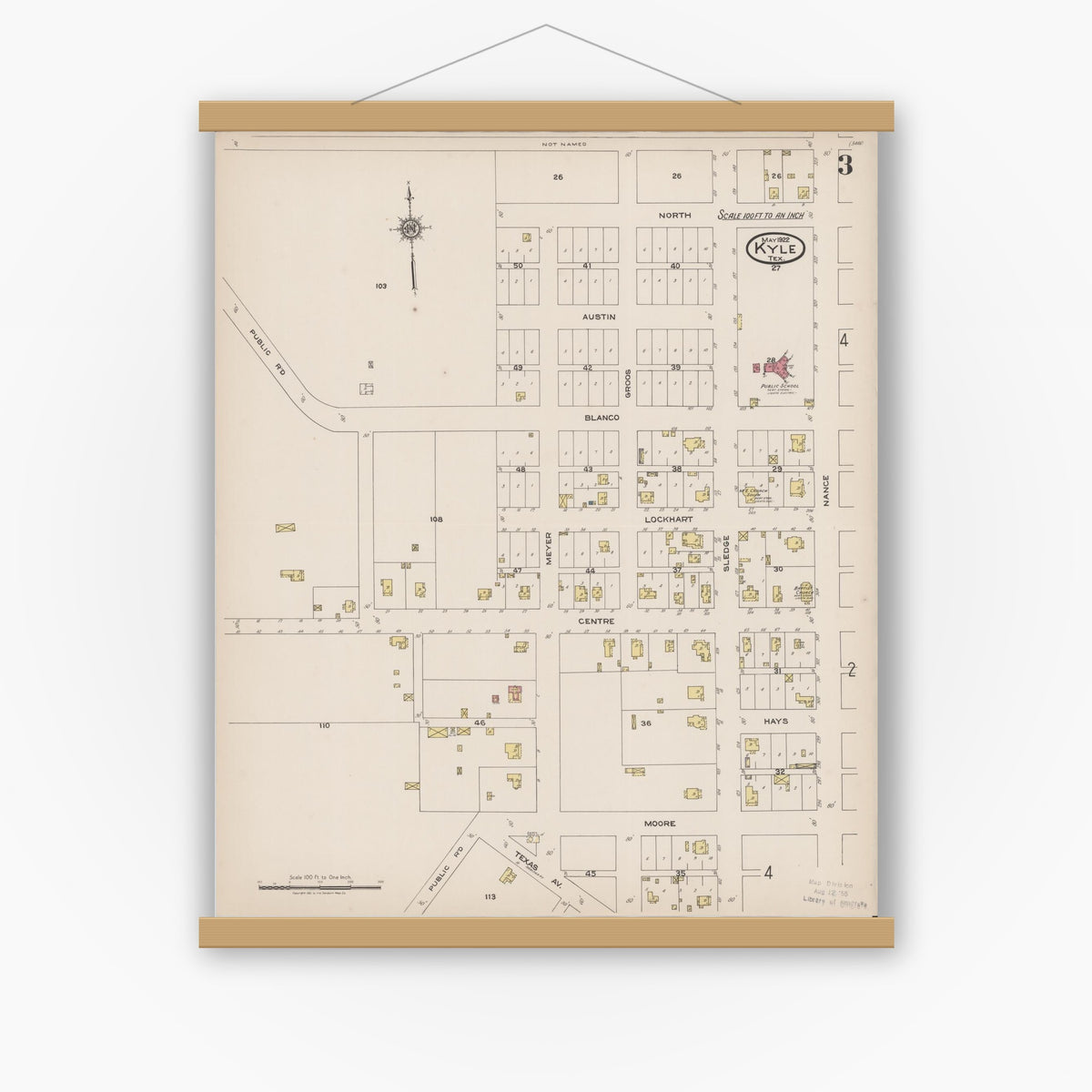 Old map wall art mockup — magnetic wood frame on white wall — Sanborn Fire Insurance Map from Kyle, Hays County, Texas (1922), Sheet #0003