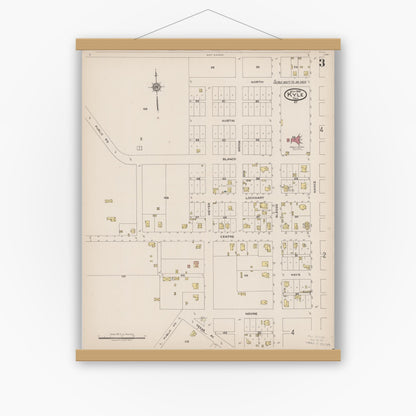 Old map wall art mockup — magnetic wood frame on white wall — Sanborn Fire Insurance Map from Kyle, Hays County, Texas (1922), Sheet #0003