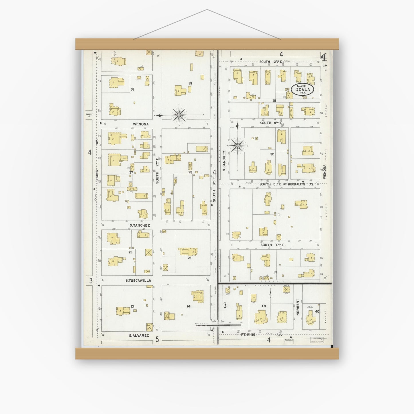 Old map wall art mockup — magnetic wood frame on white wall — Sanborn Fire Insurance Map from Ocala, Marion County, Florida (1901), Sheet #0004