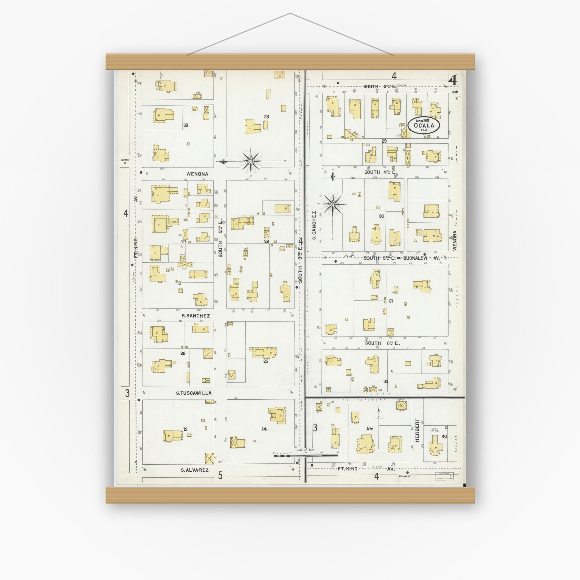 Old map wall art mockup — magnetic wood frame on white wall — Sanborn Fire Insurance Map from Ocala, Marion County, Florida (1901), Sheet #0004