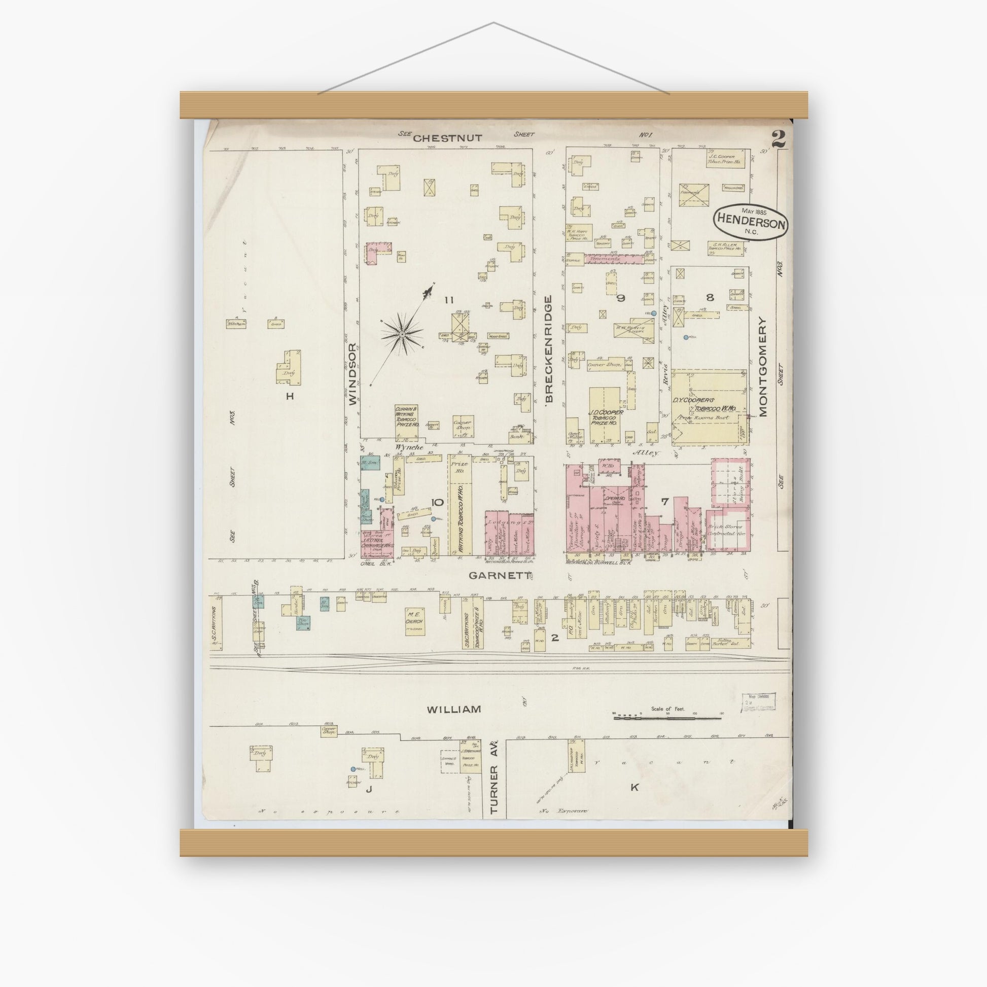 Old map wall art mockup — magnetic wood frame on white wall — Sanborn Fire Insurance Map from Henderson, Vance County, North Carolina (1885), Sheet #0002