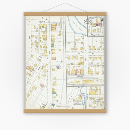 Old map wall art mockup — magnetic wood frame on white wall — Sanborn Fire Insurance Map from Elroy, Juneau County, Wisconsin (1904), Sheet #0002