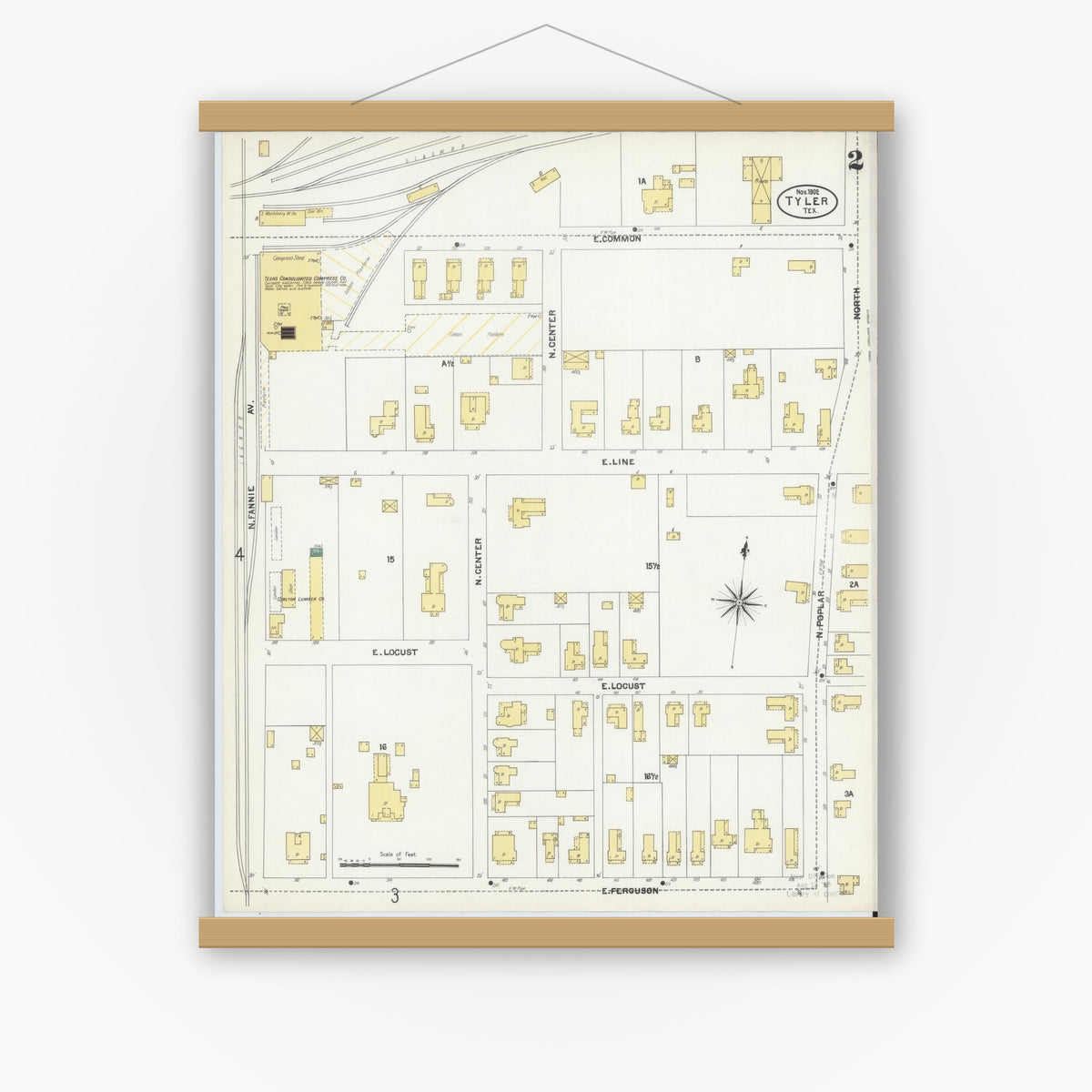 Old map wall art mockup — magnetic wood frame on white wall — Sanborn Fire Insurance Map from Tyler, Smith County, Texas (1902), Sheet #0002