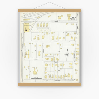 Old map wall art mockup — magnetic wood frame on white wall — Sanborn Fire Insurance Map from Tyler, Smith County, Texas (1902), Sheet #0002