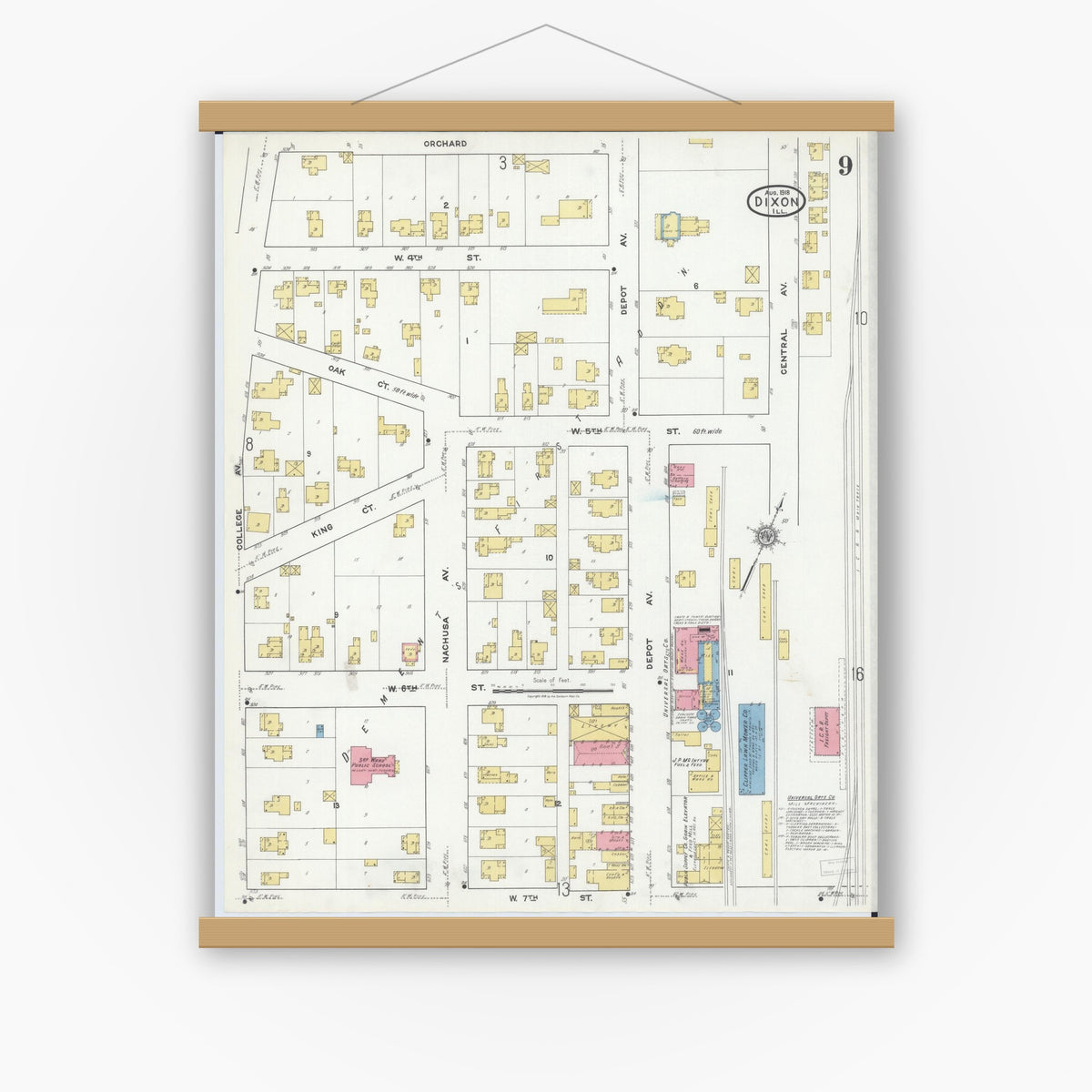 Old map wall art mockup — magnetic wood frame on white wall — Sanborn Fire Insurance Map from Dixon, Lee County, Illinois (1918), Sheet #0009