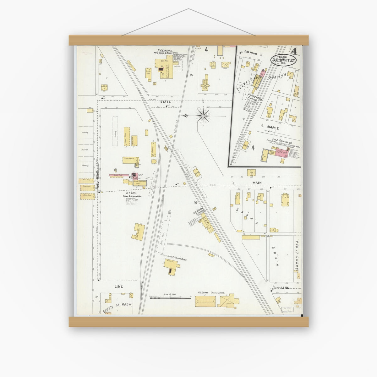 Old map wall art mockup — magnetic wood frame on white wall — Sanborn Fire Insurance Map from South Whitley, Whitley County, Indiana (1900), Sheet #0004