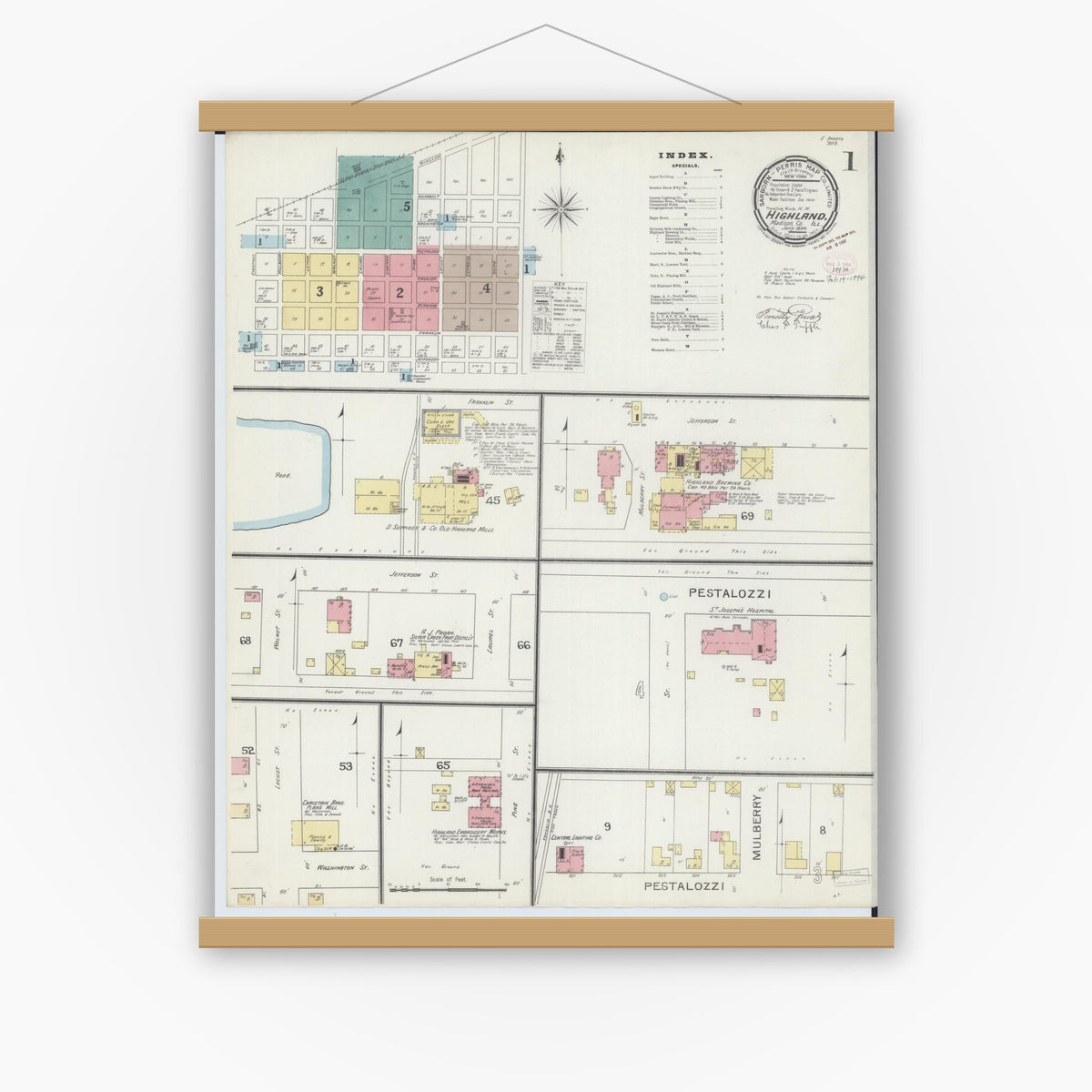 Old map wall art mockup — magnetic wood frame on white wall — Sanborn Fire Insurance Map from Highland, Madison County, Illinois (1894) - Complete Map Set