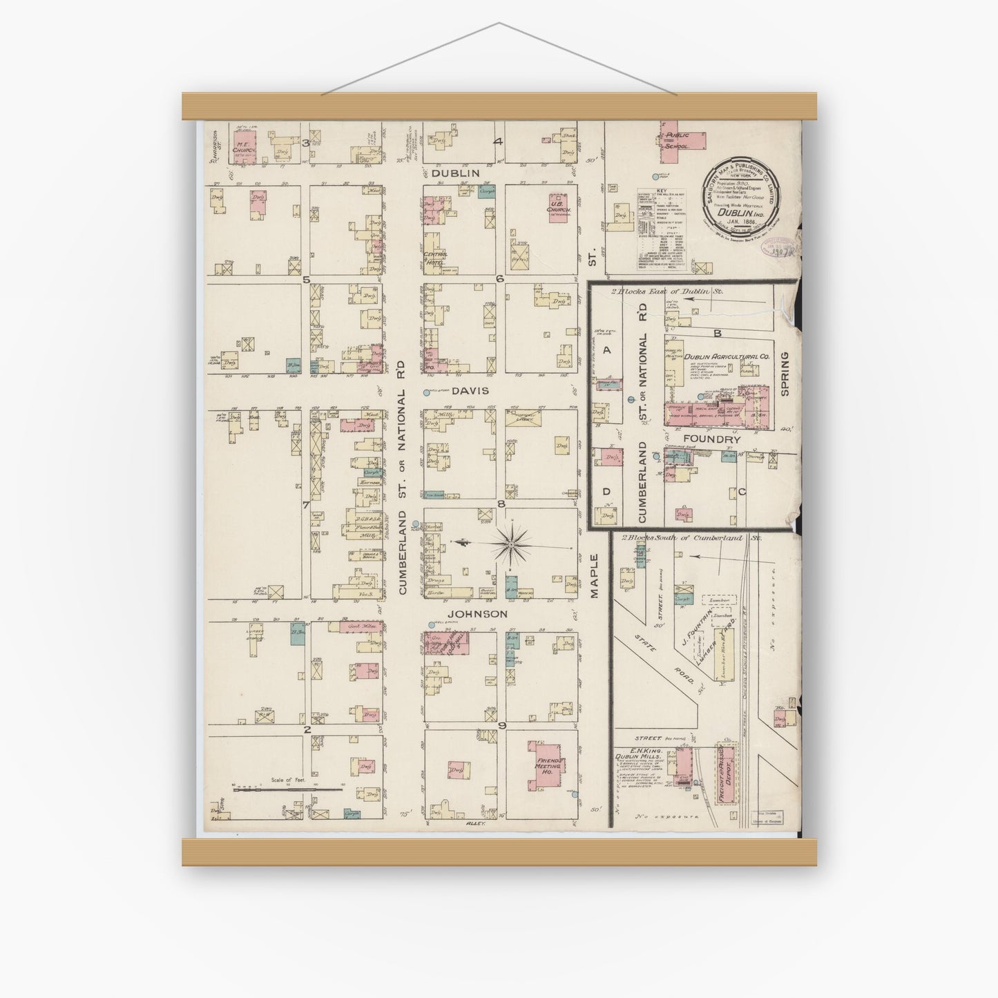 Old map wall art mockup — magnetic wood frame on white wall — Sanborn Fire Insurance Map from Dublin, Wayne County, Indiana (1886), Sheet #0001