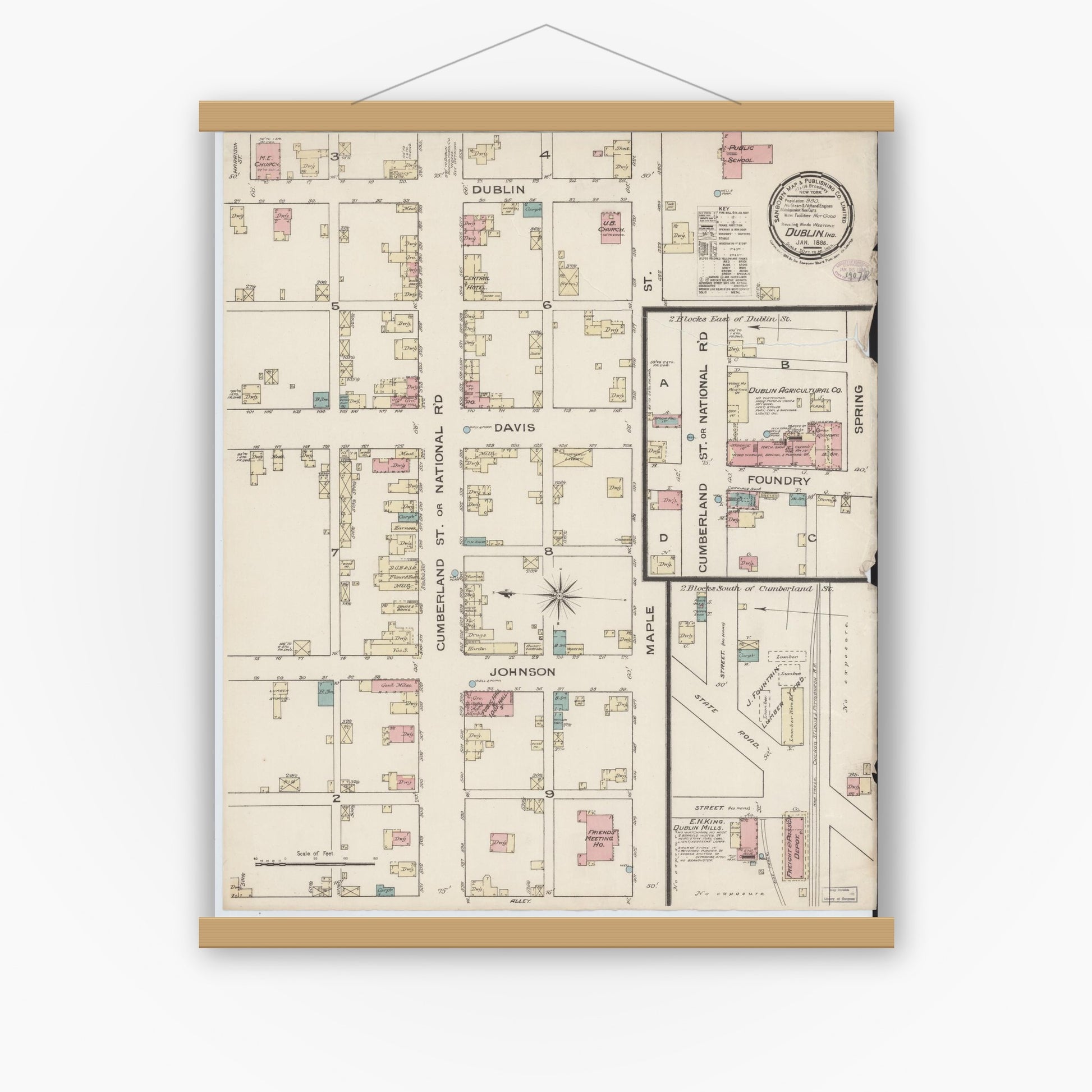 Old map wall art mockup — magnetic wood frame on white wall — Sanborn Fire Insurance Map from Dublin, Wayne County, Indiana (1886), Sheet #0001