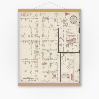 Old map wall art mockup — magnetic wood frame on white wall — Sanborn Fire Insurance Map from Dublin, Wayne County, Indiana (1886), Sheet #0001