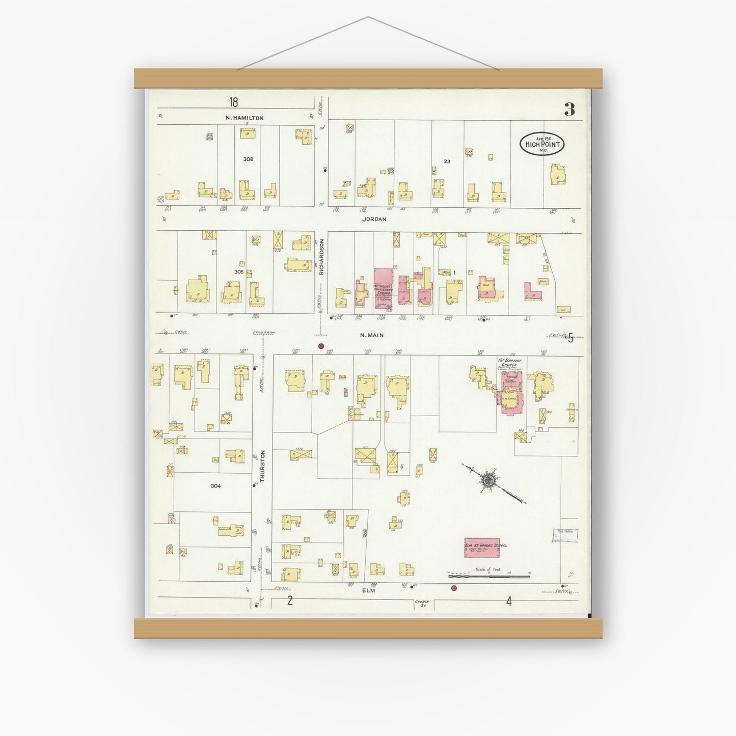 Old map wall art mockup — magnetic wood frame on white wall — Sanborn Fire Insurance Map from High Point, Guilford County, North Carolina (1911), Sheet #0003