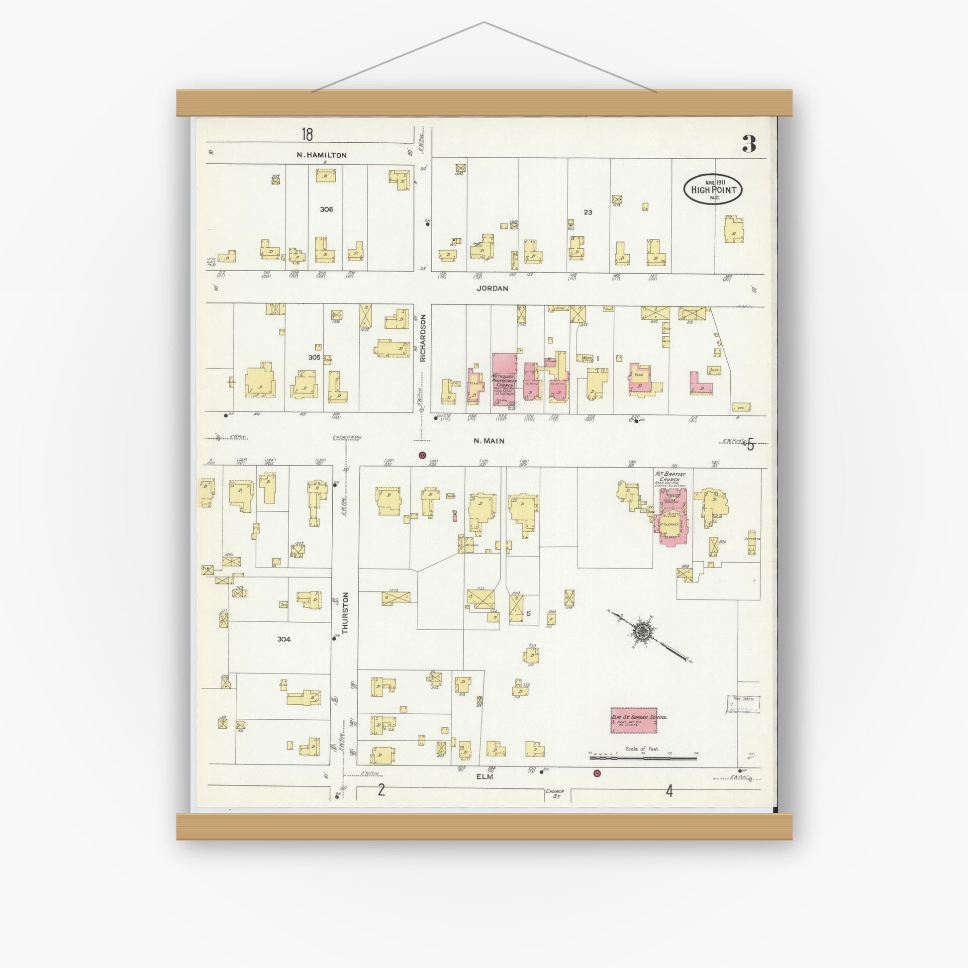 Old map wall art mockup — magnetic wood frame on white wall — Sanborn Fire Insurance Map from High Point, Guilford County, North Carolina (1911), Sheet #0003