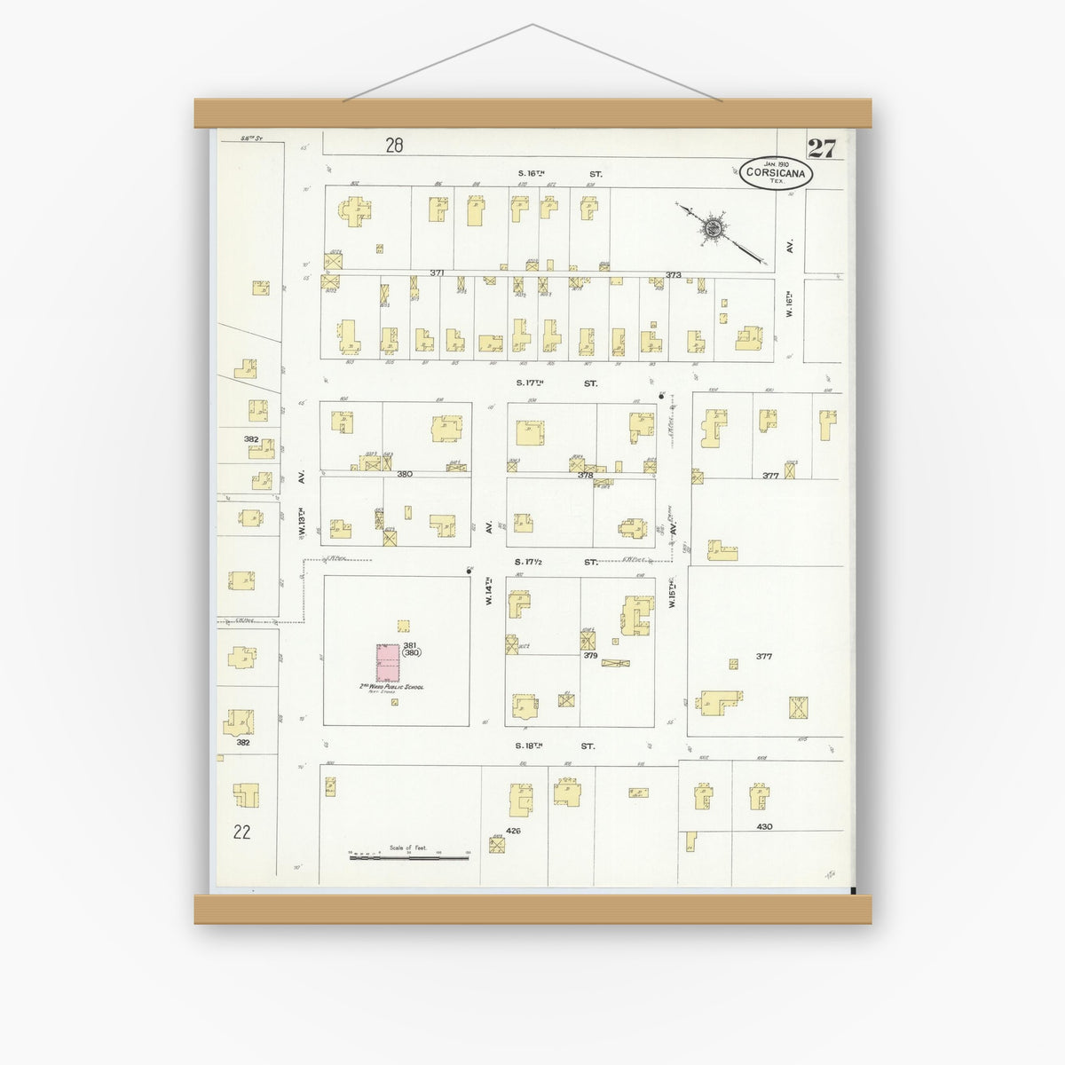 Old map wall art mockup — magnetic wood frame on white wall — Sanborn Fire Insurance Map from Corsicana, Navarro County, Texas (1910), Sheet #0027