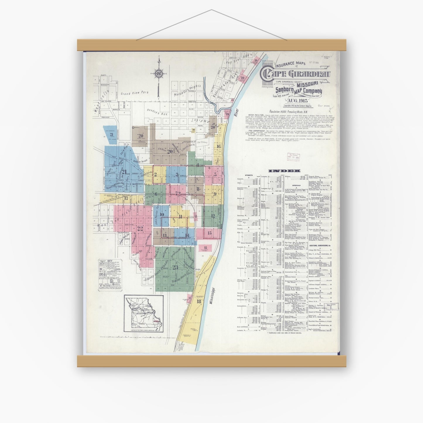 Old map wall art mockup — magnetic wood frame on white wall — Sanborn Fire Insurance Map from Cape Girardeau, Cape Girardeau County, Missouri (1915) - Complete Map Set