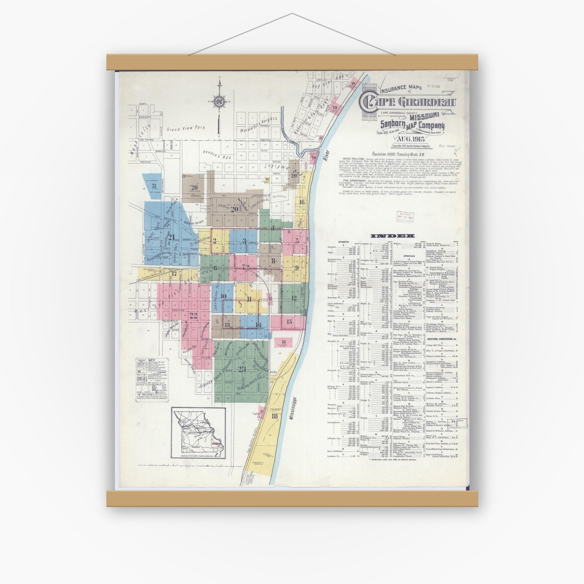 Old map wall art mockup — magnetic wood frame on white wall — Sanborn Fire Insurance Map from Cape Girardeau, Cape Girardeau County, Missouri (1915) - Complete Map Set