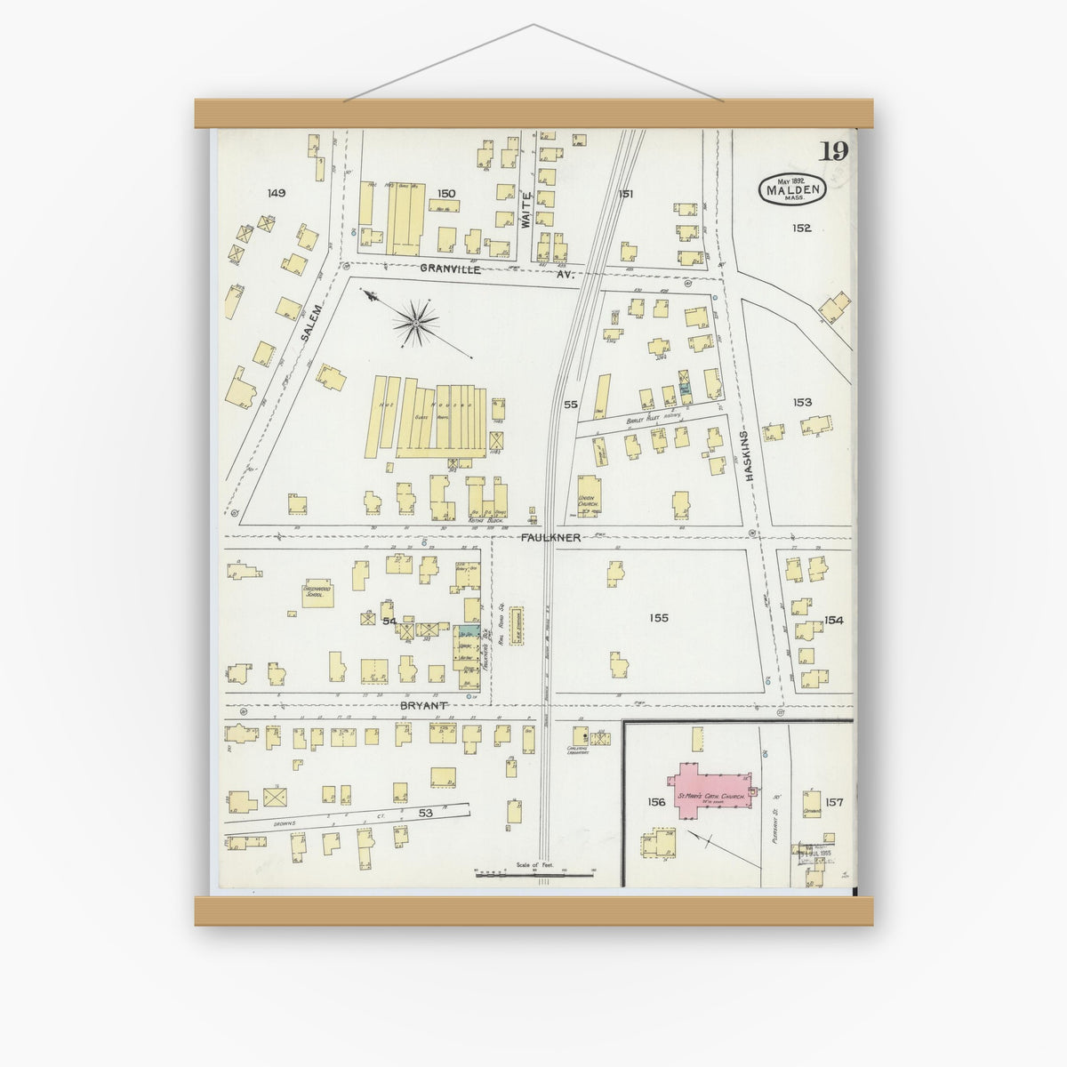 Old map wall art mockup — magnetic wood frame on white wall — Sanborn Fire Insurance Map from Malden, Middlesex County, Massachusetts (1892), Sheet #0019
