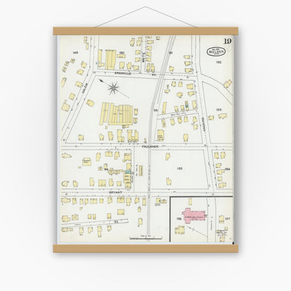 Old map wall art mockup — magnetic wood frame on white wall — Sanborn Fire Insurance Map from Malden, Middlesex County, Massachusetts (1892), Sheet #0019