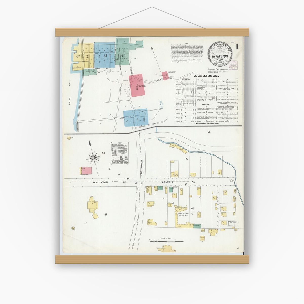 Old map wall art mockup — magnetic wood frame on white wall — Sanborn Fire Insurance Map from Irvington, Westchester County, New York (1905), Sheet #0001