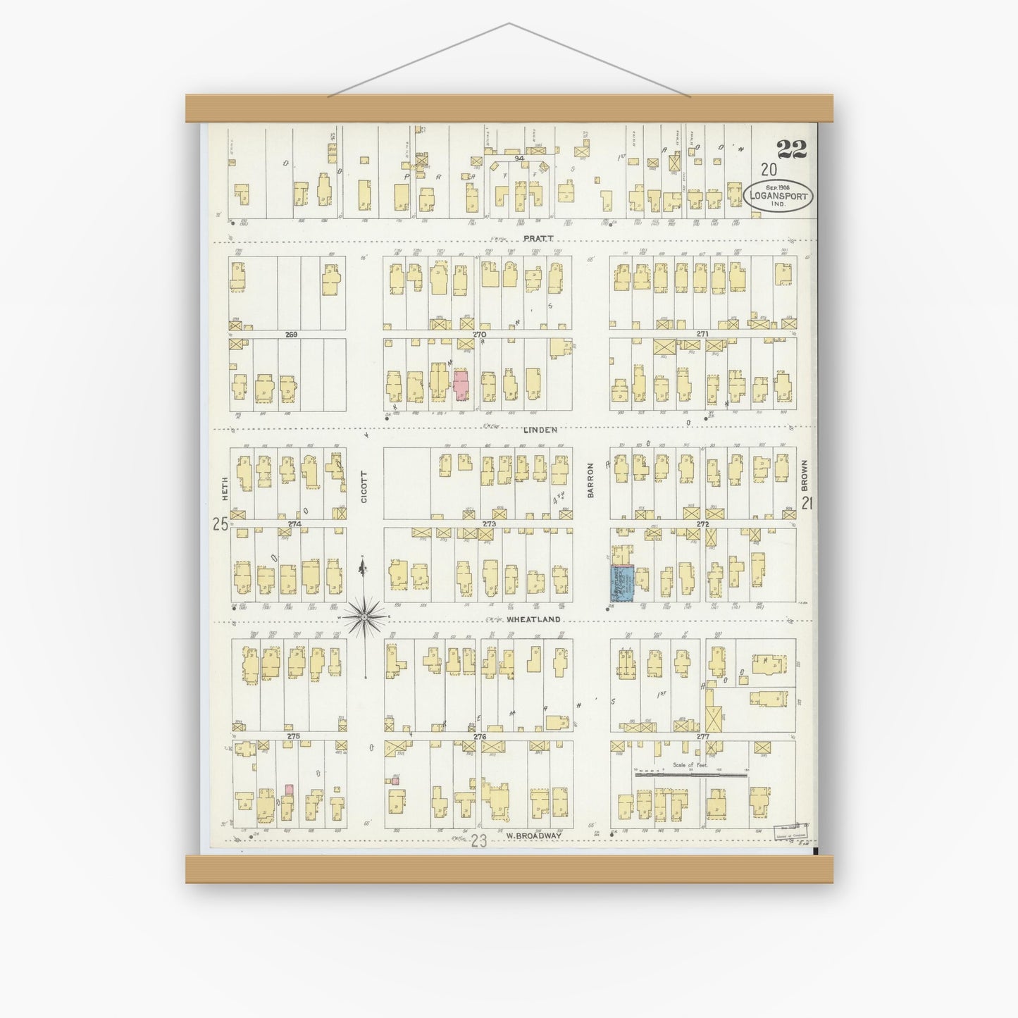 Old map wall art mockup — magnetic wood frame on white wall — Sanborn Fire Insurance Map from Logansport, Cass County, Indiana (1906), Sheet #0022