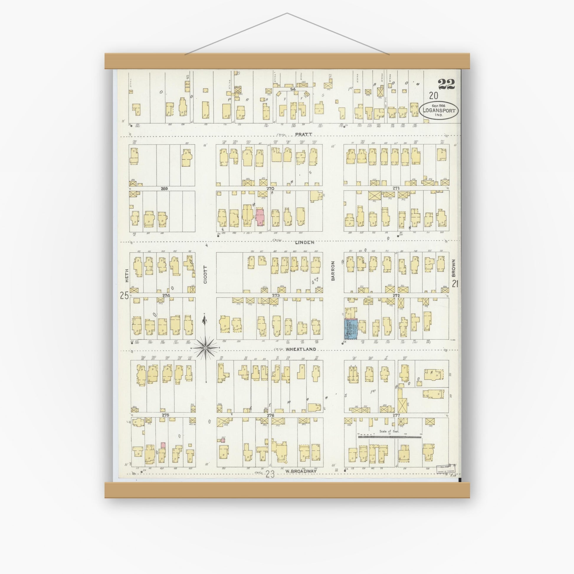 Old map wall art mockup — magnetic wood frame on white wall — Sanborn Fire Insurance Map from Logansport, Cass County, Indiana (1906), Sheet #0022