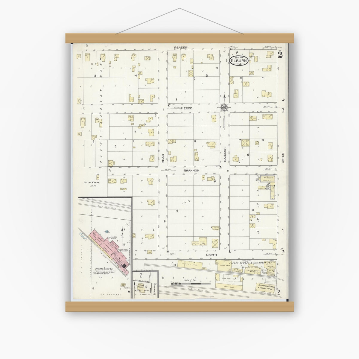 Old map wall art mockup — magnetic wood frame on white wall — Sanborn Fire Insurance Map from Elburn, Kane County, Illinois (1914), Sheet #0002