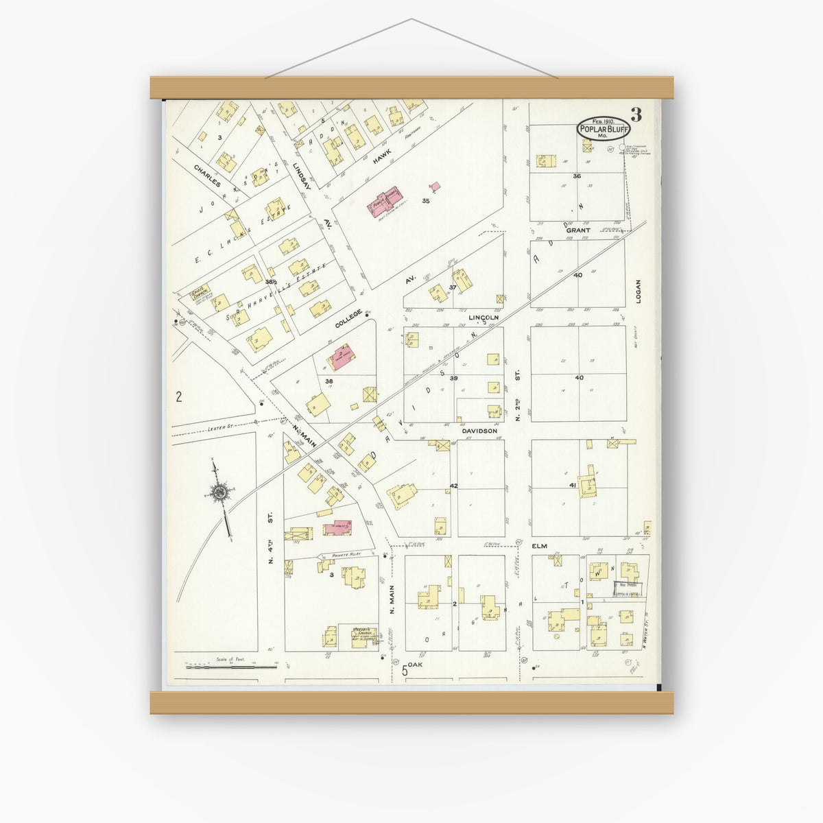 Old map wall art mockup — magnetic wood frame on white wall — Sanborn Fire Insurance Map from Poplar Bluff, Butler County, Missouri (1910), Sheet #0003