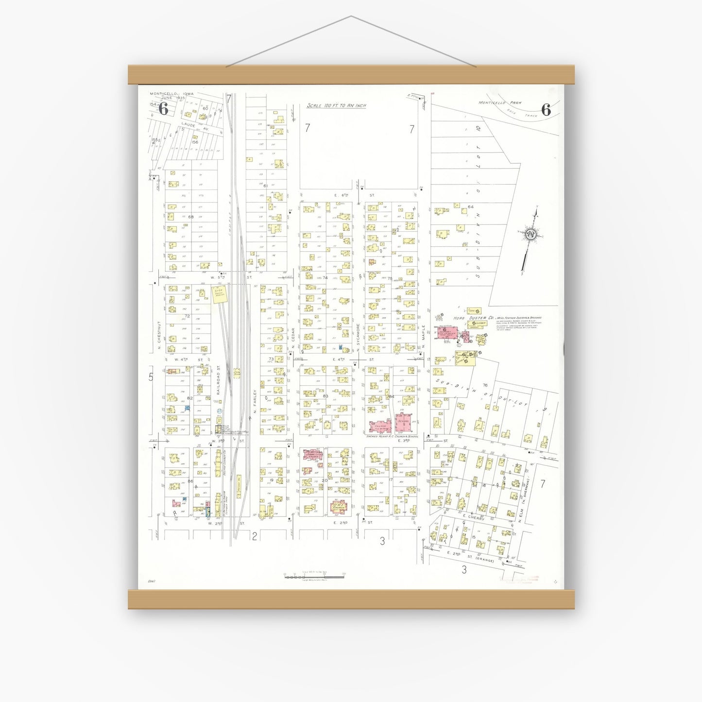 Old map wall art mockup — magnetic wood frame on white wall — Sanborn Fire Insurance Map from Monticello, Jones County, Iowa (1935), Sheet #0006