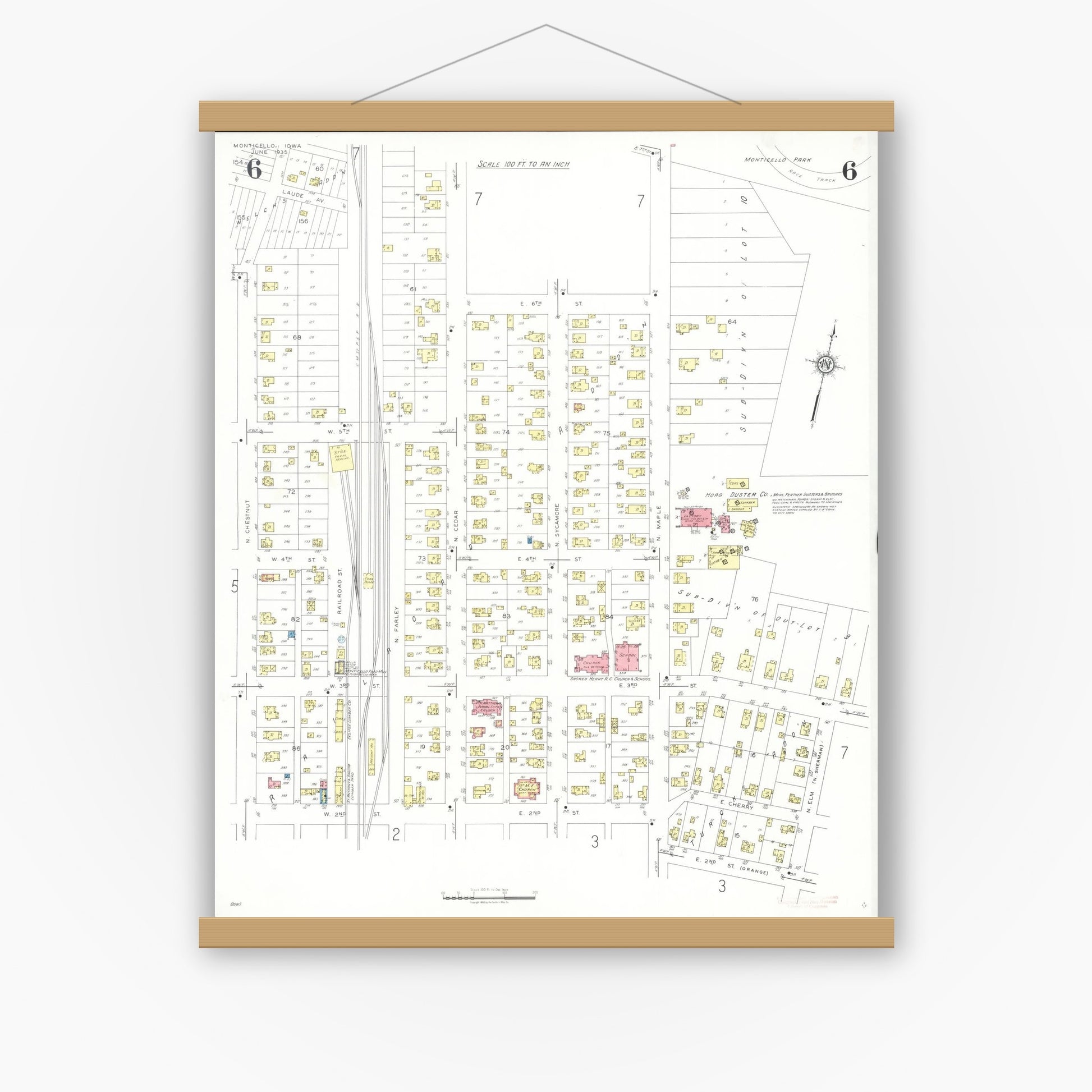Old map wall art mockup — magnetic wood frame on white wall — Sanborn Fire Insurance Map from Monticello, Jones County, Iowa (1935), Sheet #0006