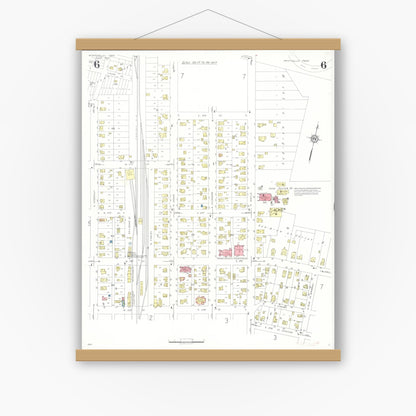Old map wall art mockup — magnetic wood frame on white wall — Sanborn Fire Insurance Map from Monticello, Jones County, Iowa (1935), Sheet #0006