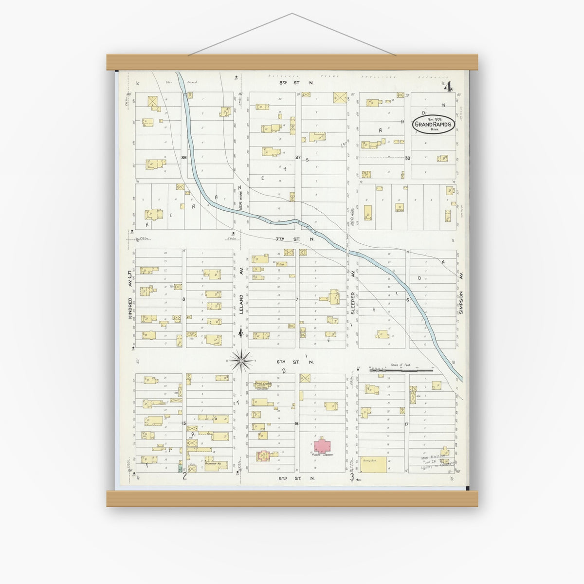 Old map wall art mockup — magnetic wood frame on white wall — Sanborn Fire Insurance Map from Grand Rapids, Itasca County, Minnesota (1908), Sheet #0004