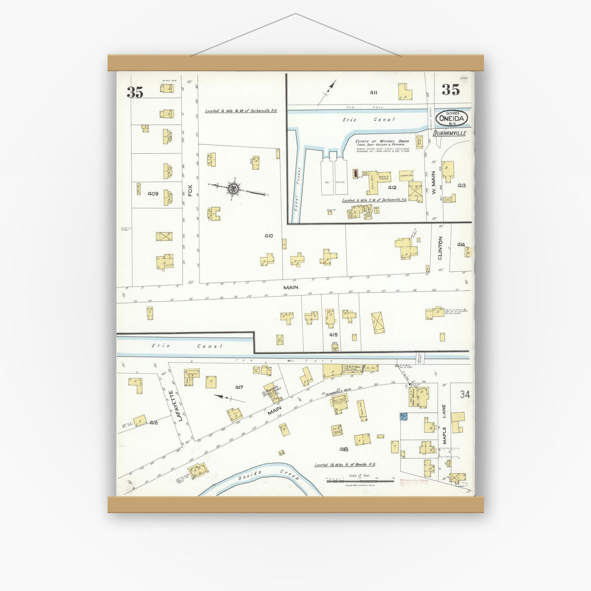 Old map wall art mockup — magnetic wood frame on white wall — Sanborn Fire Insurance Map from Oneida, Madison County, New York (1923), Sheet #0035