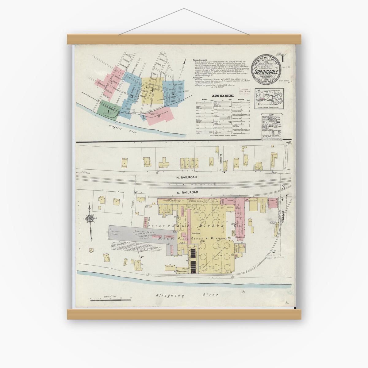 Old map wall art mockup — magnetic wood frame on white wall — Sanborn Fire Insurance Map from Springdale, Allegheny County, Pennsylvania (1914) - Complete Map Set