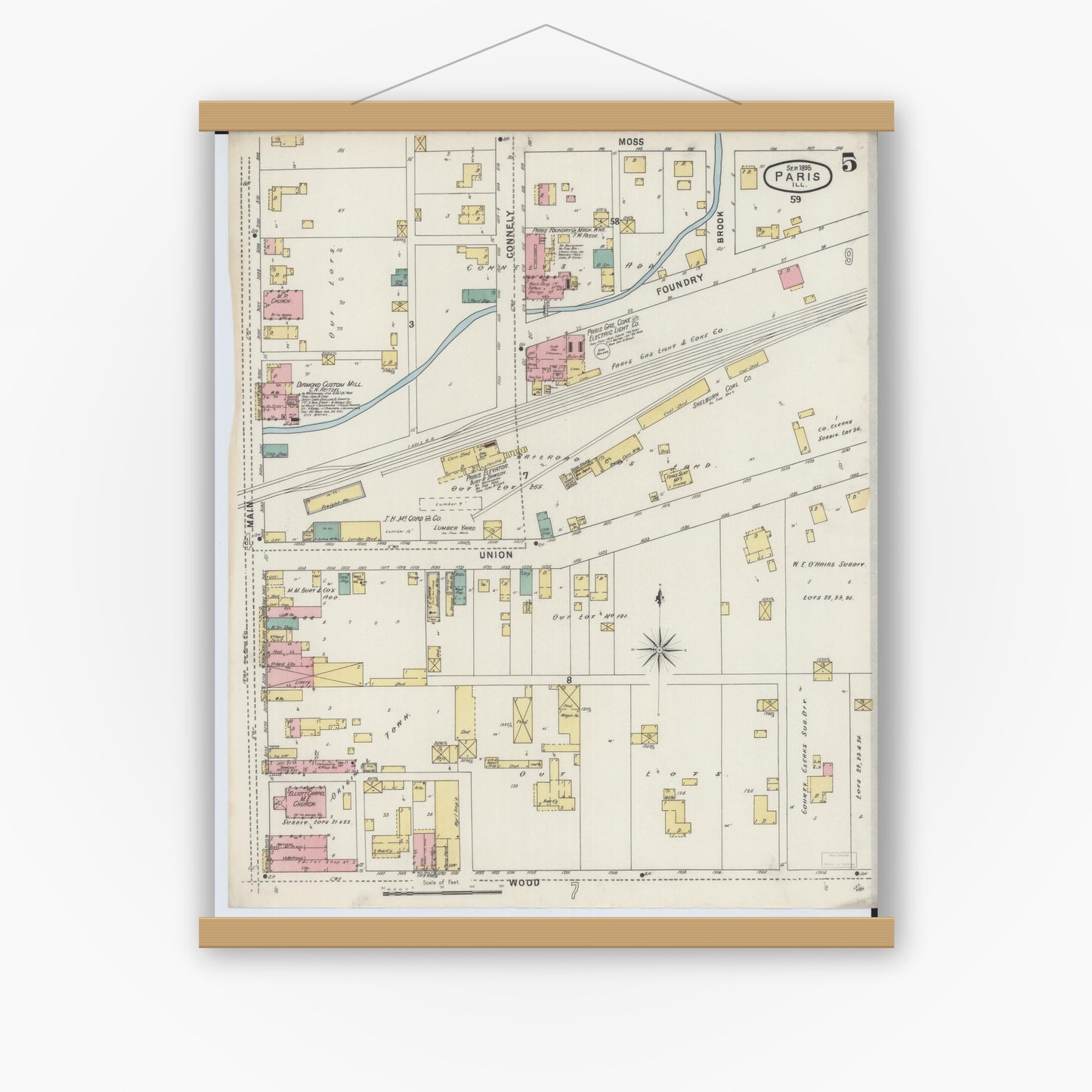 Old map wall art mockup — magnetic wood frame on white wall — Sanborn Fire Insurance Map from Paris, Edgar County, Illinois (1895), Sheet #0005