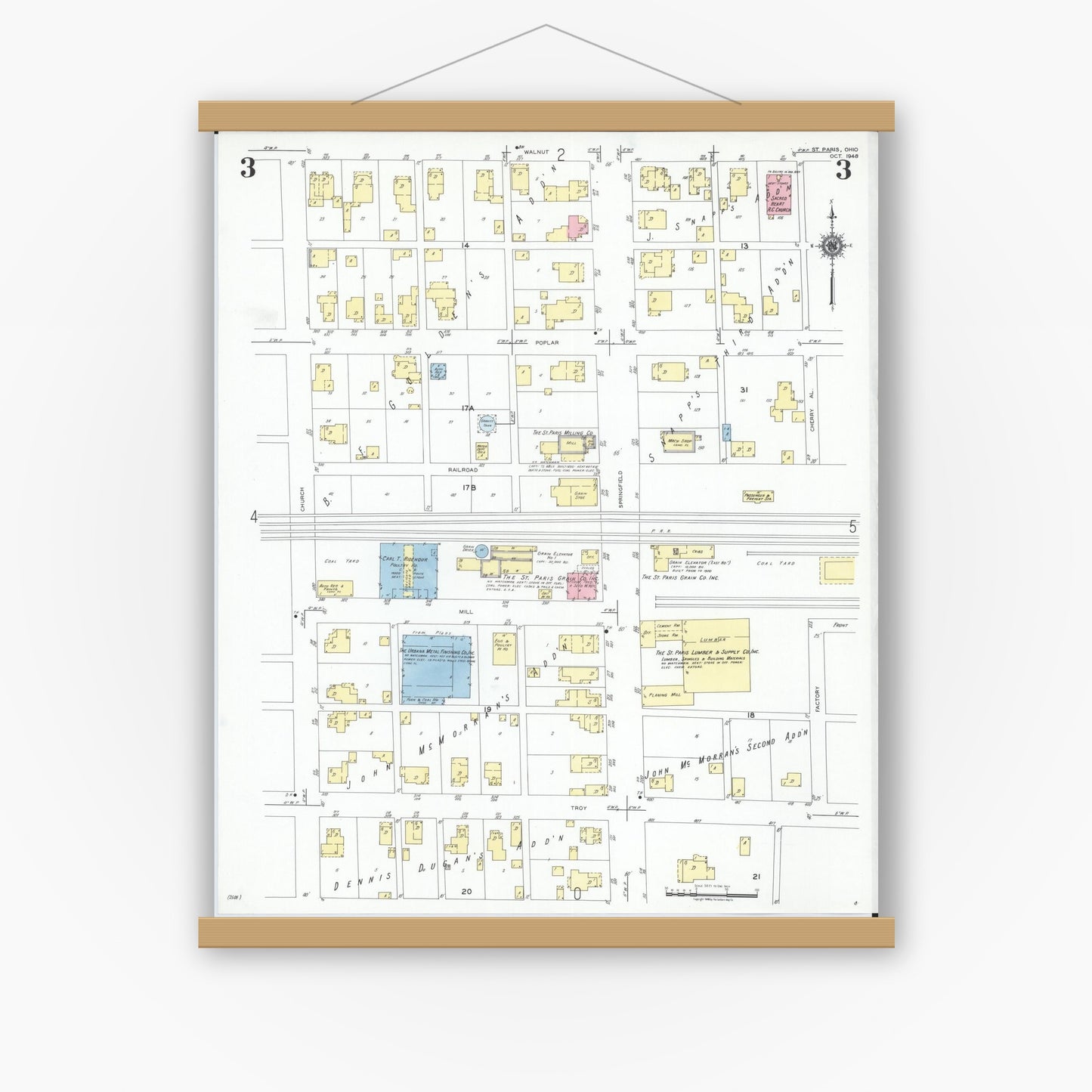 Old map wall art mockup — magnetic wood frame on white wall — Sanborn Fire Insurance Map from Saint Paris, Champaign County, Ohio (1948), Sheet #0003