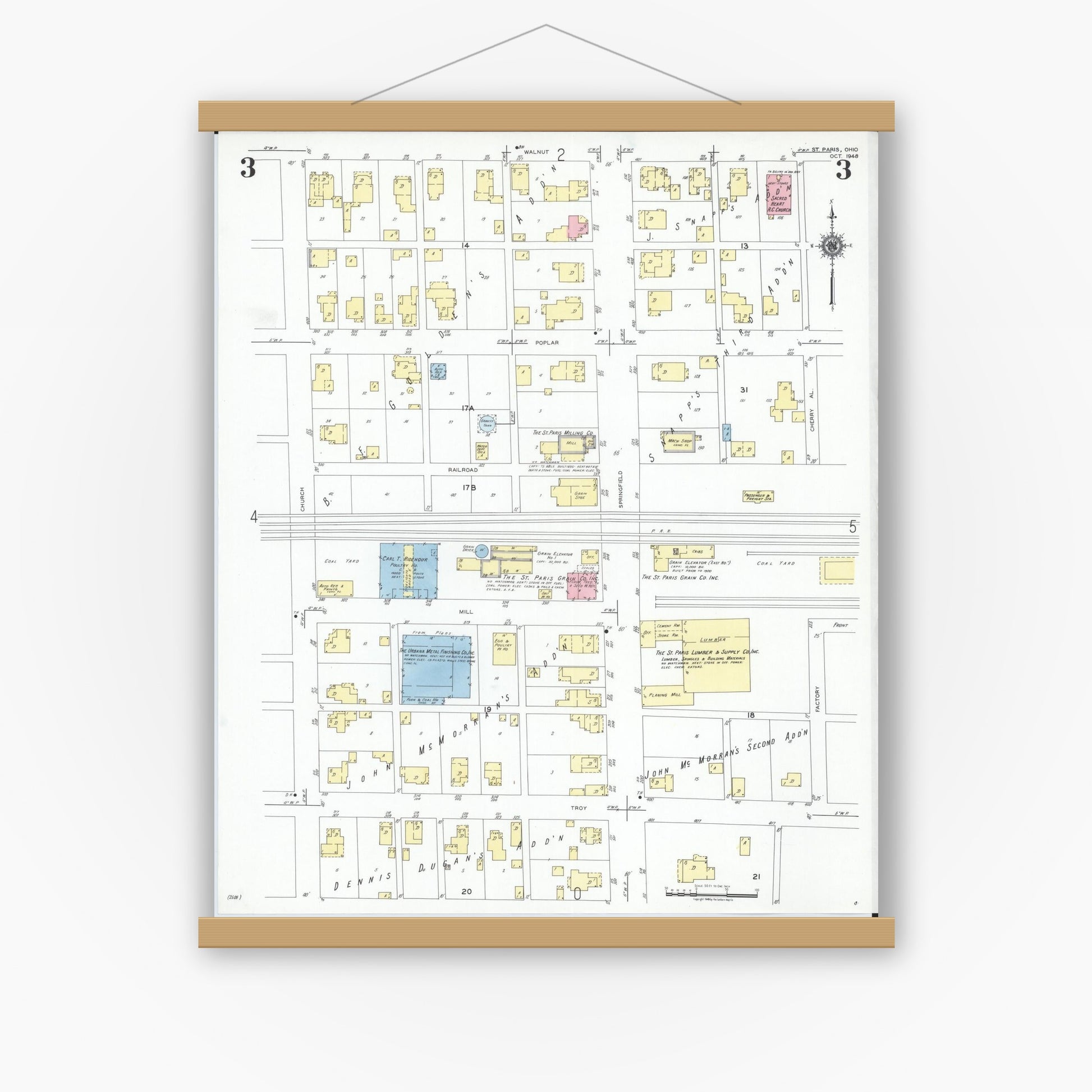 Old map wall art mockup — magnetic wood frame on white wall — Sanborn Fire Insurance Map from Saint Paris, Champaign County, Ohio (1948), Sheet #0003