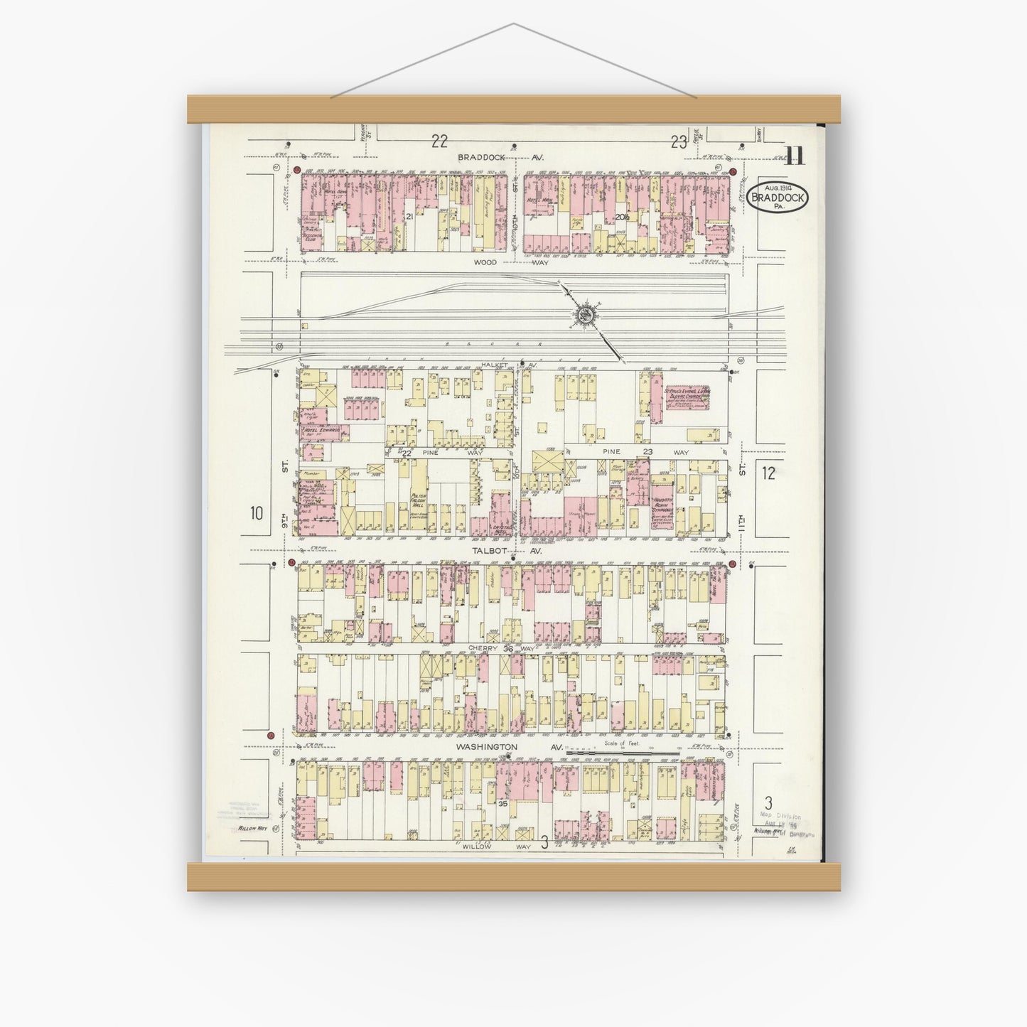 Old map wall art mockup — magnetic wood frame on white wall — Sanborn Fire Insurance Map from Braddock, Allegheny County, Pennsylvania (1914), Sheet #0011