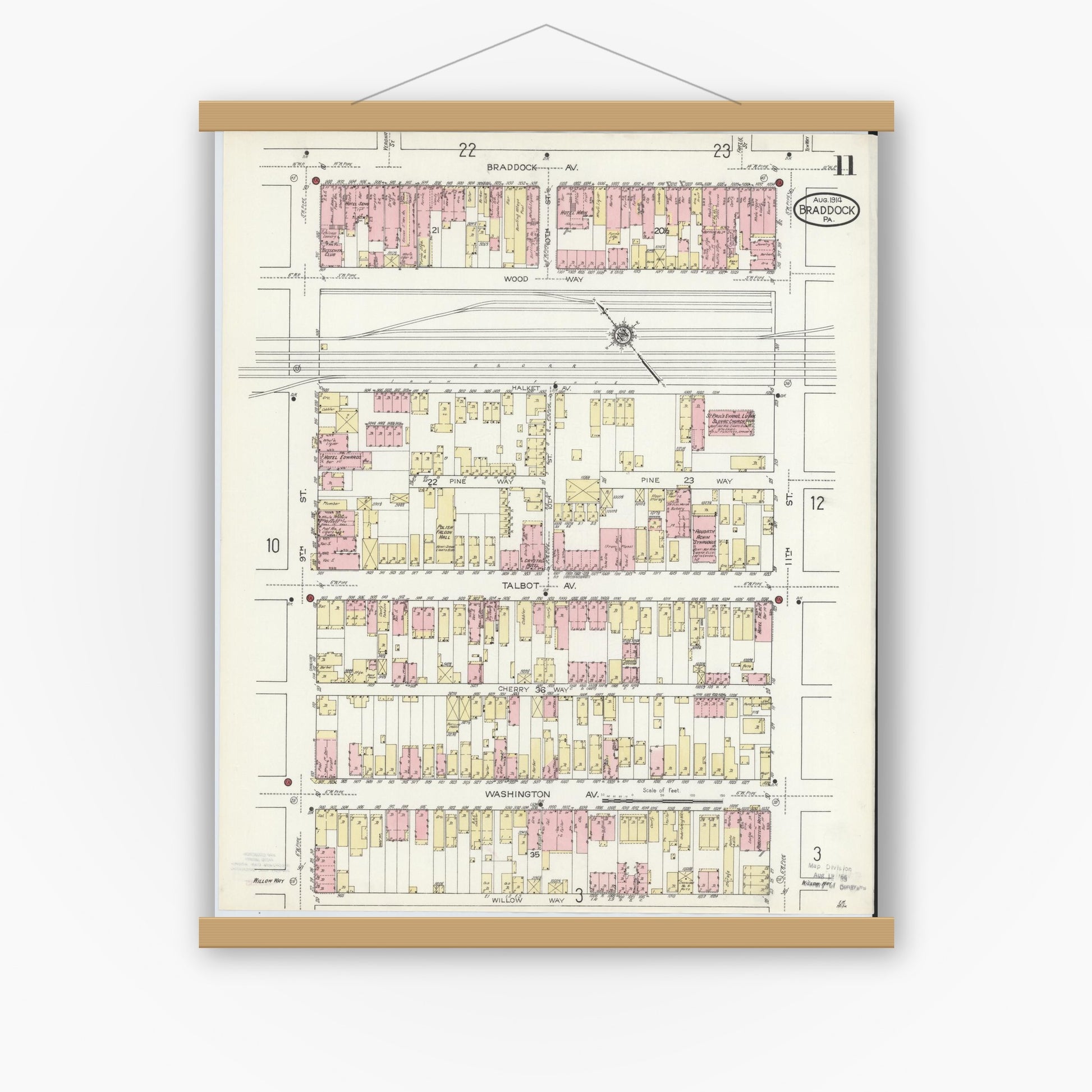 Old map wall art mockup — magnetic wood frame on white wall — Sanborn Fire Insurance Map from Braddock, Allegheny County, Pennsylvania (1914), Sheet #0011