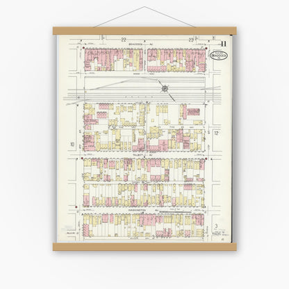 Old map wall art mockup — magnetic wood frame on white wall — Sanborn Fire Insurance Map from Braddock, Allegheny County, Pennsylvania (1914), Sheet #0011