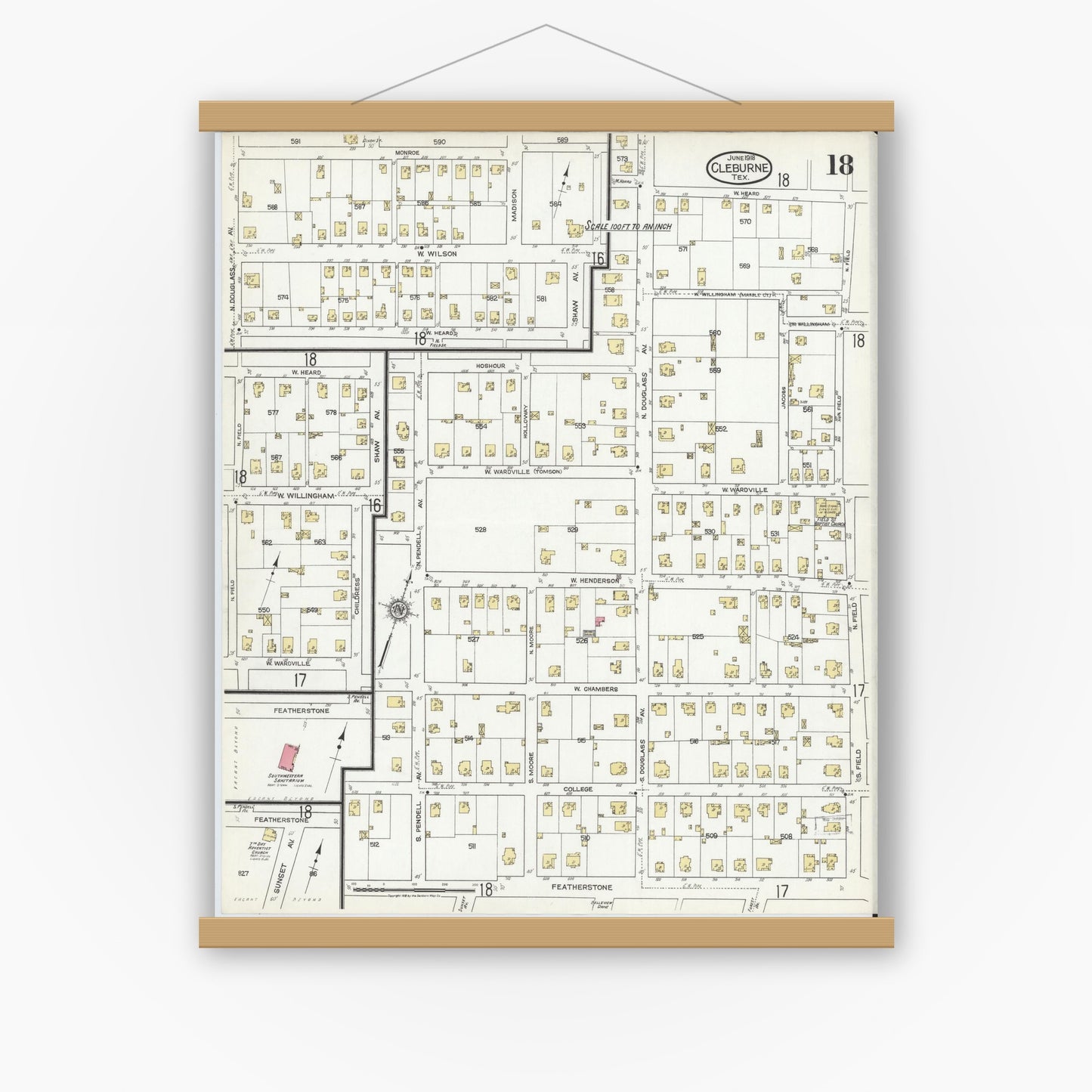 Old map wall art mockup — magnetic wood frame on white wall — Sanborn Fire Insurance Map from Cleburne, Johnson County, Texas (1918), Sheet #0018